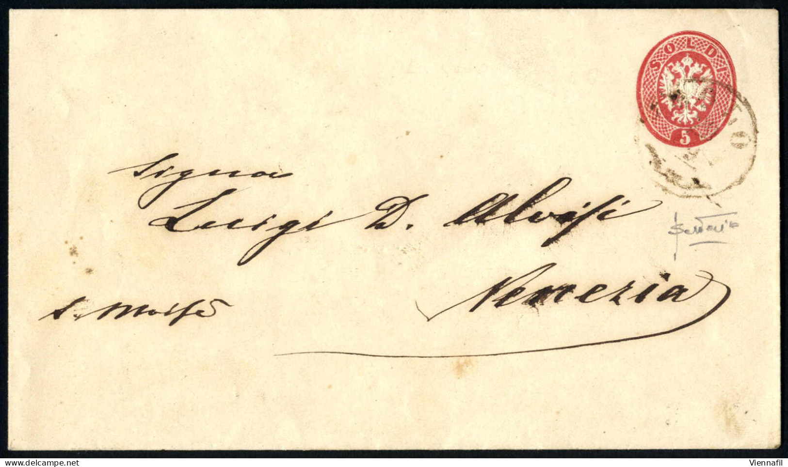 Cover 1863, Intero Postale Da 5 Soldi (147x84mm) Spedito Da "DOLO 2?/9" (annullo CO) A Venezia, Firmato Sottoriva, Sass. - Lombardije-Venetië