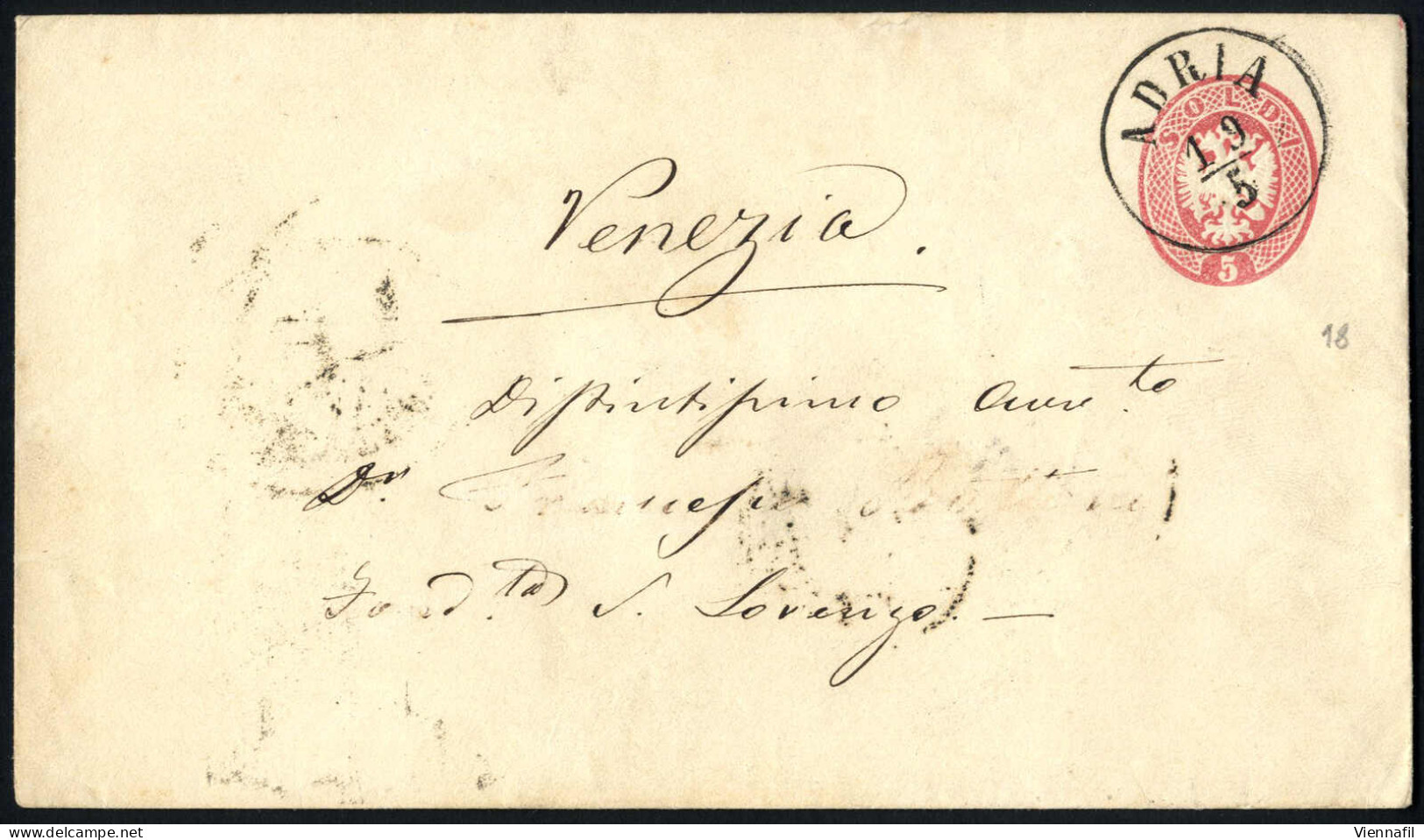 Cover 1863, Intero Postale Da 5 Soldi Senza Filigrana Spedita Da "ADRIA 9/5" (annullo C1) A S.Lorenzo, Sass. IP18 / P.9 - Lombardo-Venetien