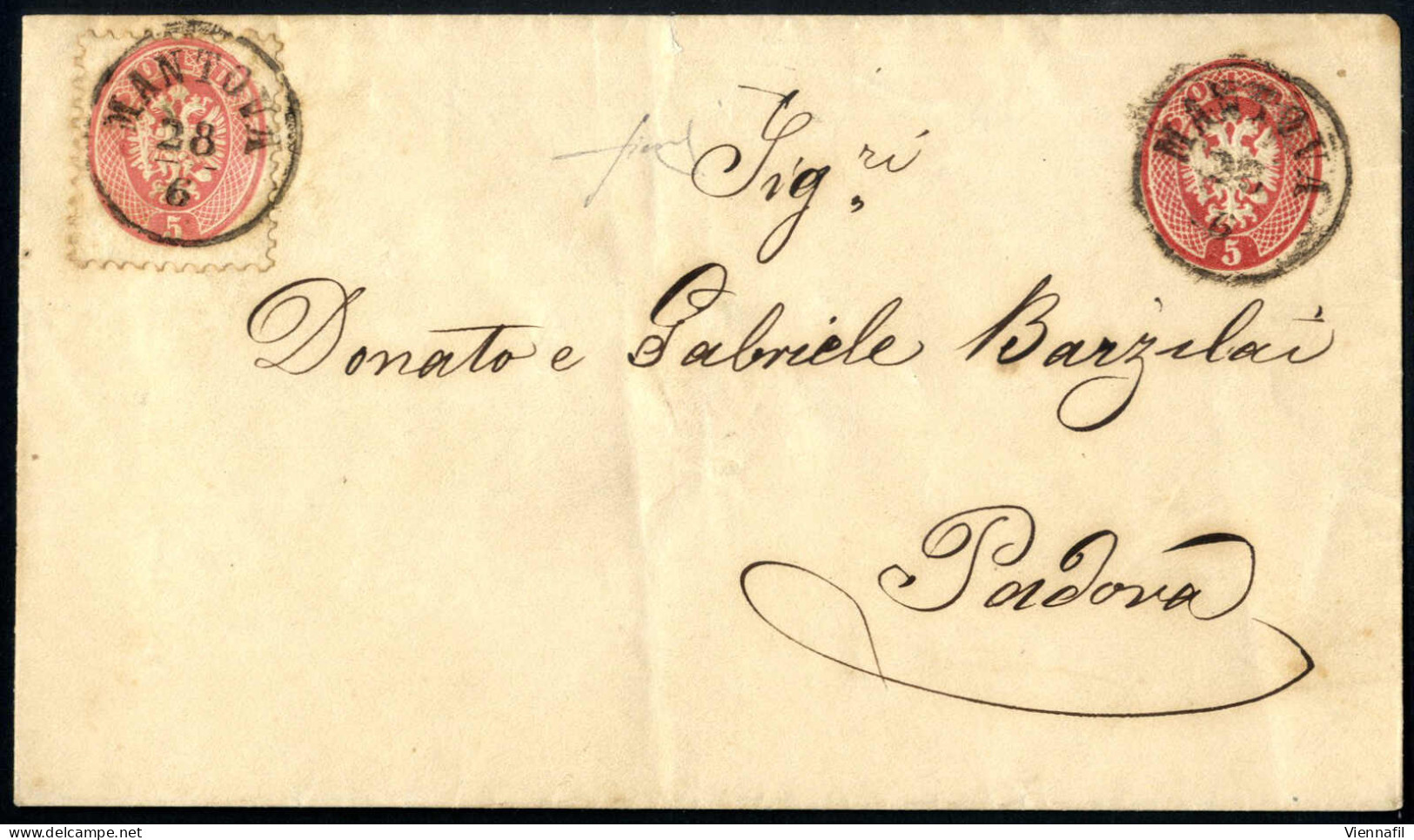 Cover 1863, Intero Postale Da 5 Soldi (147x84mm) Con Affrancatura Aggiuntiva 5 Soldi (1864) Spedito Da "MANTOVA 28/6" (a - Lombardije-Venetië