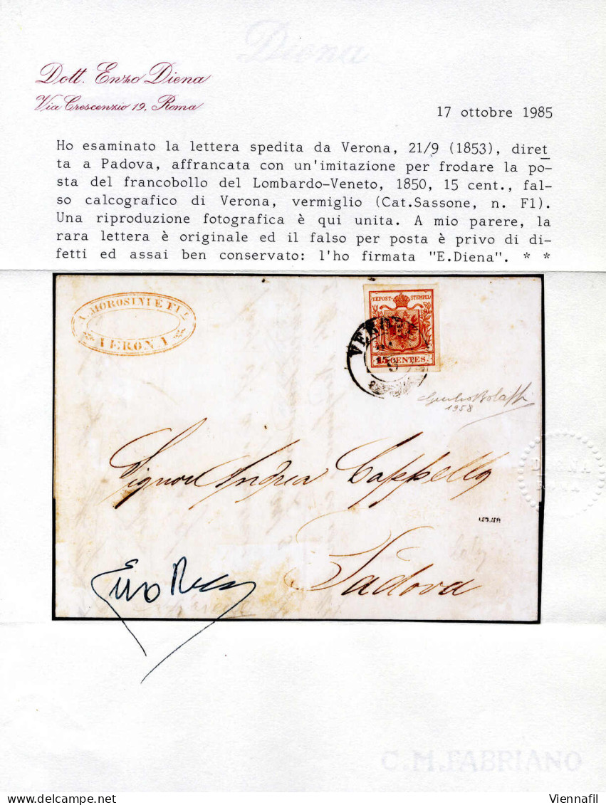 Cover 1853, 15 Cent Vermiglio Falso Di Verona Su Lettera A Padova Annullato "Verona 21/9" (bollo 2CO), Certificato E.Die - Lombardy-Venetia