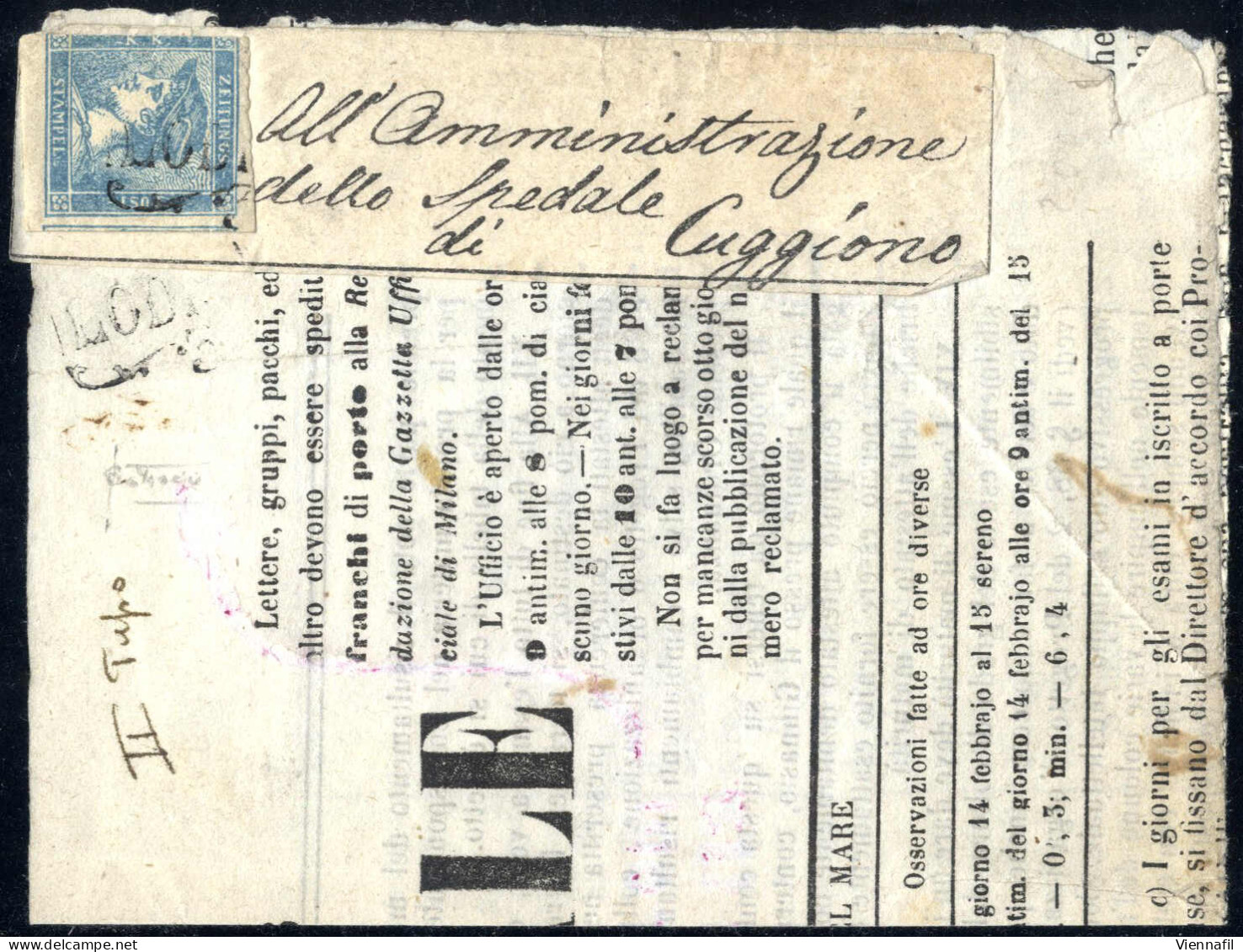 Cover 1851, Fascetta Con Parte Della Testata Del Giornale Gazzetta Ufficiale Di Milano Affrancata Con Mercurio Azzurro I - Lombardo-Venetien