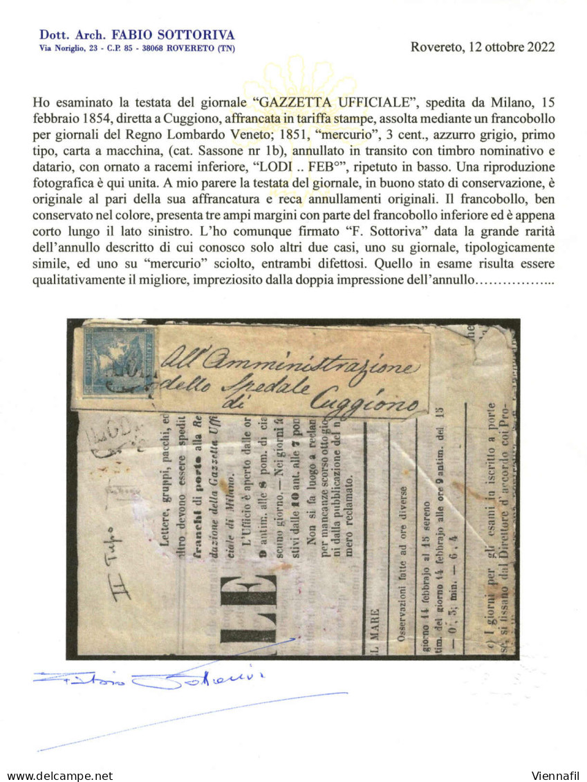 Cover 1851, Fascetta Con Parte Della Testata Del Giornale Gazzetta Ufficiale Di Milano Affrancata Con Mercurio Azzurro I - Lombardo-Vénétie