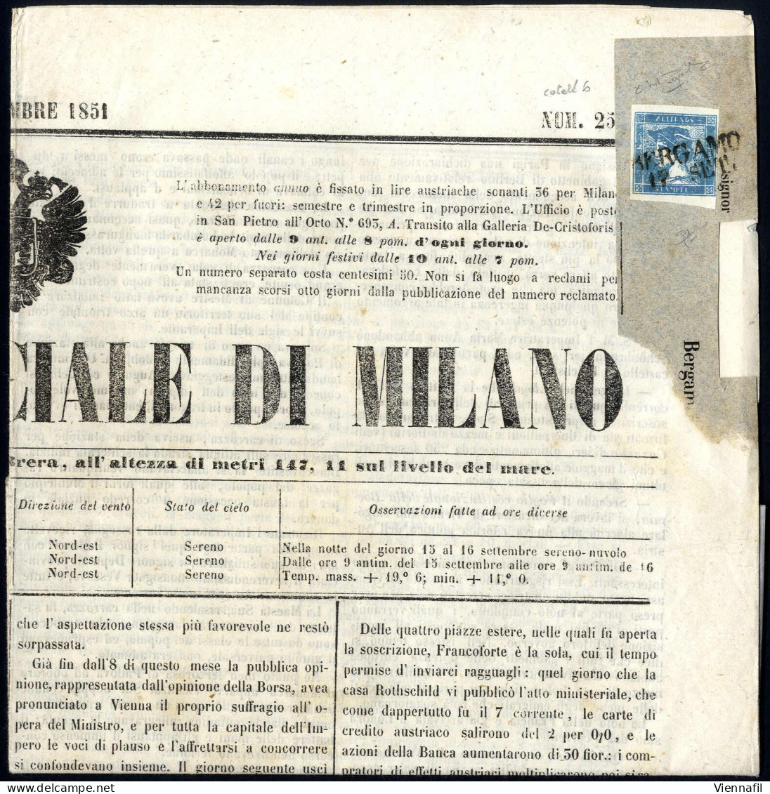 Cover 1851, Giornale Gazzetta Ufficiale Di Milano Affrancatao Con Mercurio Azzurro Su Carta Costolata Da "BERGAMO 17 SET - Lombardije-Venetië