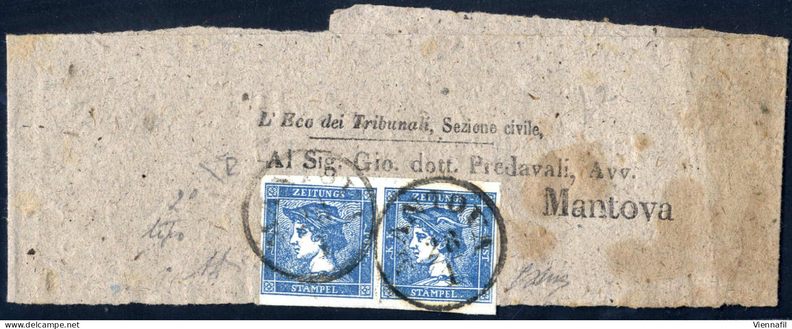 Cover 1851, Intera Fascetta Con Coppia Mercurio Azzurro II° Tipo Da "MANTOVA 28/1", Certificato E.Diena E Oliva, Sass. 2 - Lombardo-Venetien