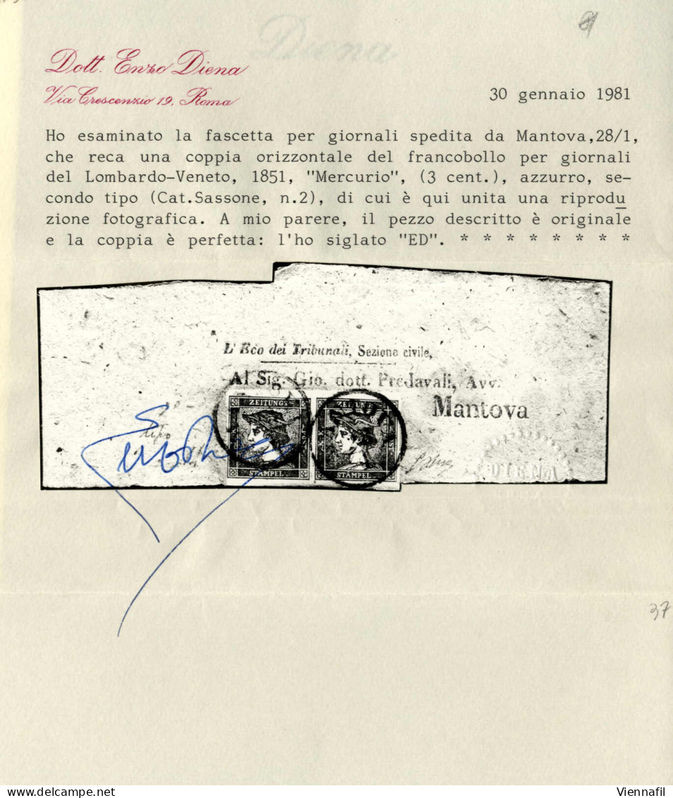Cover 1851, Intera Fascetta Con Coppia Mercurio Azzurro II° Tipo Da "MANTOVA 28/1", Certificato E.Diena E Oliva, Sass. 2 - Lombardo-Vénétie