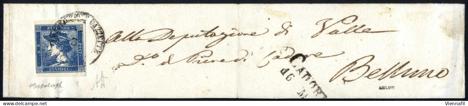 Cover 1851, Intera Fascetta Con Mercurio Azzurro I° Tipo Da "I.R.SPEDIZIONE GAZZETTE 15/3" A Belluno, Certificato Finanz - Lombardo-Venetien