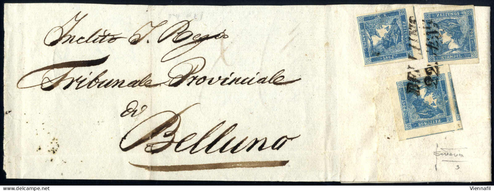 Cover 1851, Intera Fascetta Con Tre Valori Del Mercurio Azzurro III° Tipo Da "BELLUNO 22 GEN", Certificato Sottoriva, Sa - Lombardo-Venetien