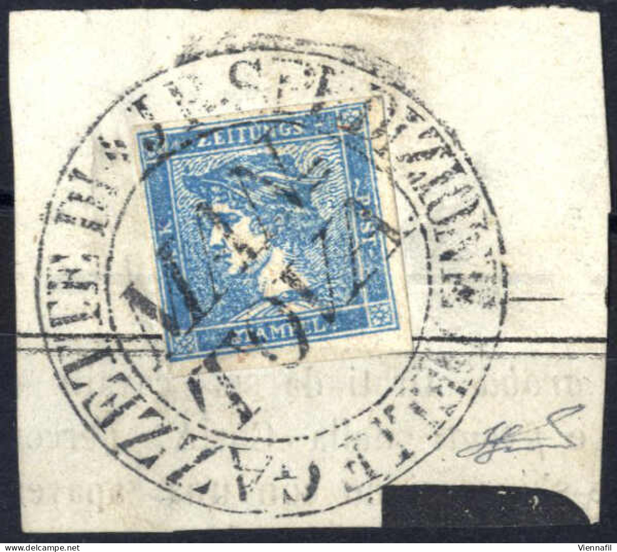 Piece 1851, Mercurio Azzurro III° Tipo Annullato Con Bollo "I.R.SPEDIZIONE GAZETTE DI MANTOVA", Sass. 3 / P.11 - Lombardije-Venetië