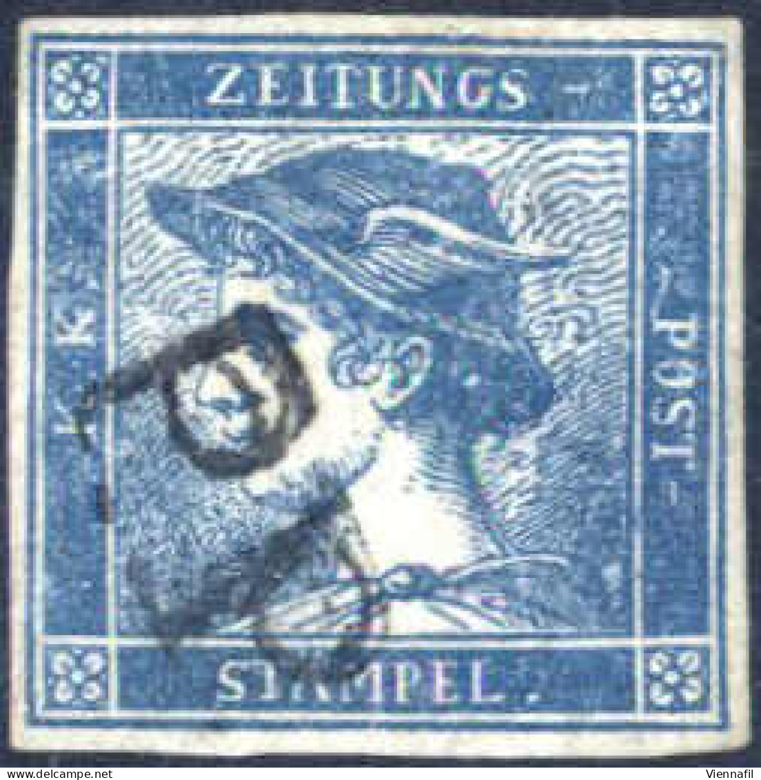 O 1851, Mercurio Azzurro I° Tipo Annullato Con Bollo Accessorio "P.P.", Certificato E.Diena, Sass. 1 / P.R1 - Lombardy-Venetia
