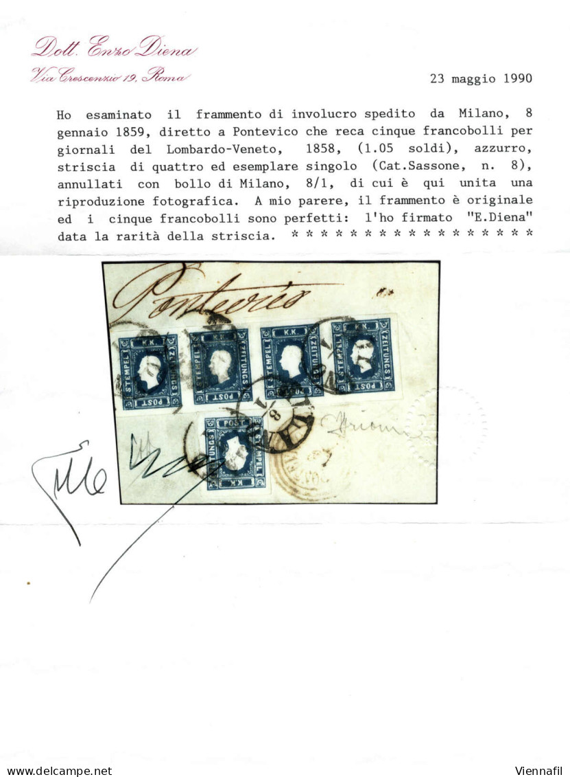 Piece 1859, Frammento Di Involucro Affrancato Con Striscia Di Quattro E Singolo Del 1,05 Soldi Azzurro Spedito Da "MILAN - Lombardo-Vénétie