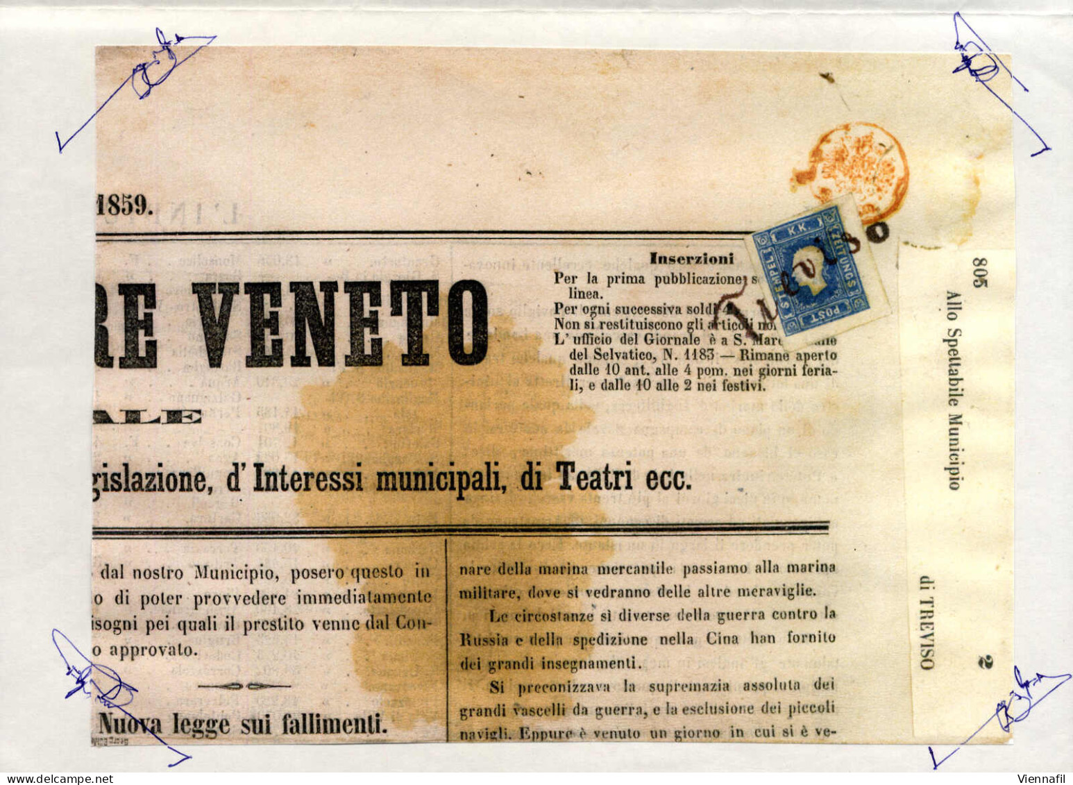 Cover 1859, Giornale L'Indicatore Veneto Del 22 Giugno 1859 Affrancato Con 1,05 Soldi Azzurro Annullato A Penna "TREVISO - Lombardije-Venetië