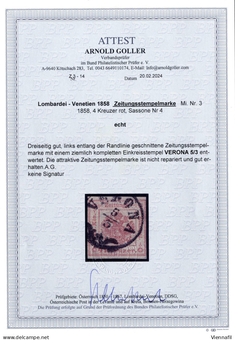 O 1853, 4 Kreuzer, Usato A Verona 5.3., Certificato Goller, Sass. 4 1853, Dreiseitig Sehr Breitrandige, Rechts Entlang D - Lombardije-Venetië