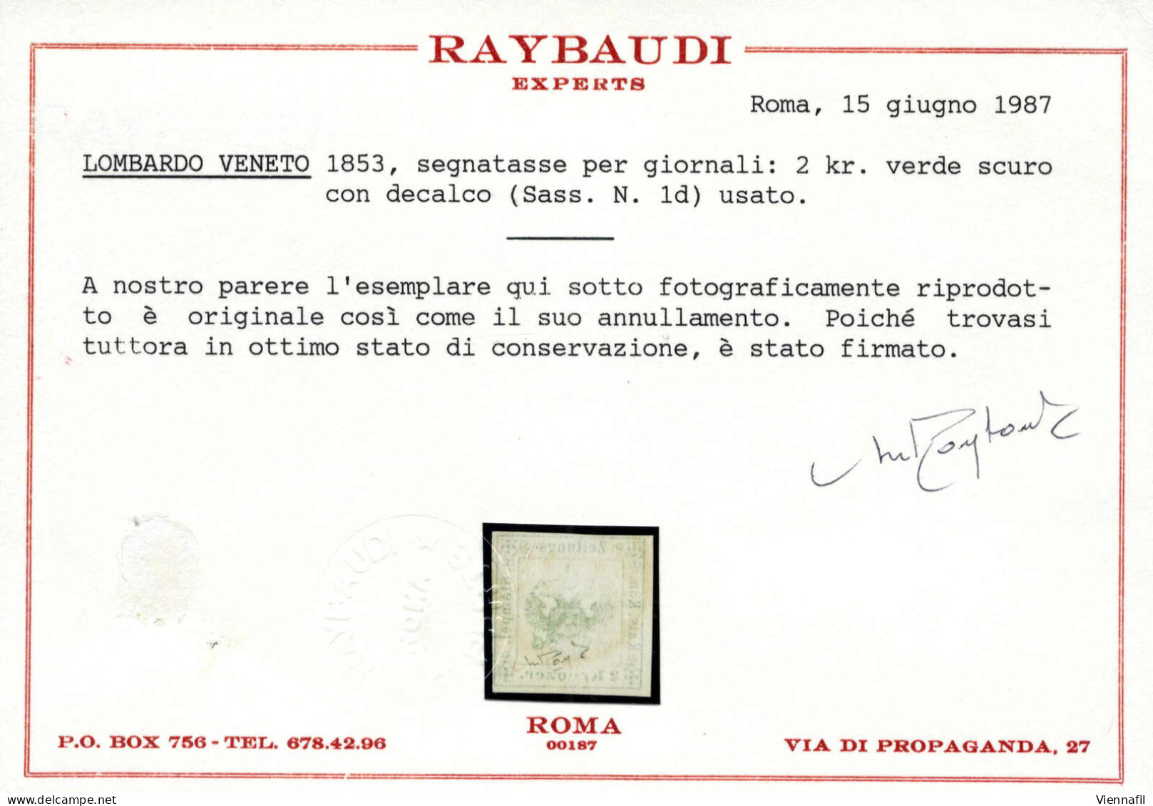 O 1859, 2 Kreuzer Verde Scuro Con Decalco, Usato, Certificato Raybaudi, Sass. 1 - Lombardije-Venetië