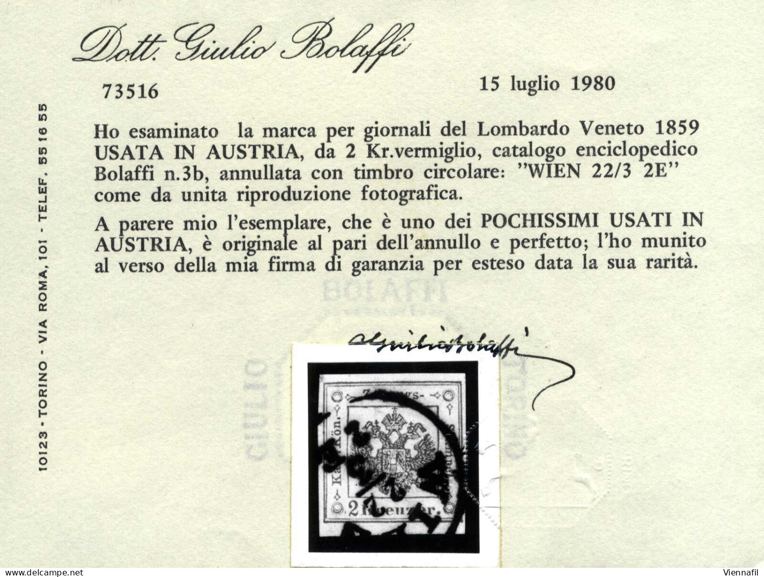 O 1859, 2 Kreuzer Vermiglio Usato In Austria A "WIEN 23/3", Molto Raro, Certificato E.Diena E Bolaffi, Sass. 3 - Lombardo-Vénétie