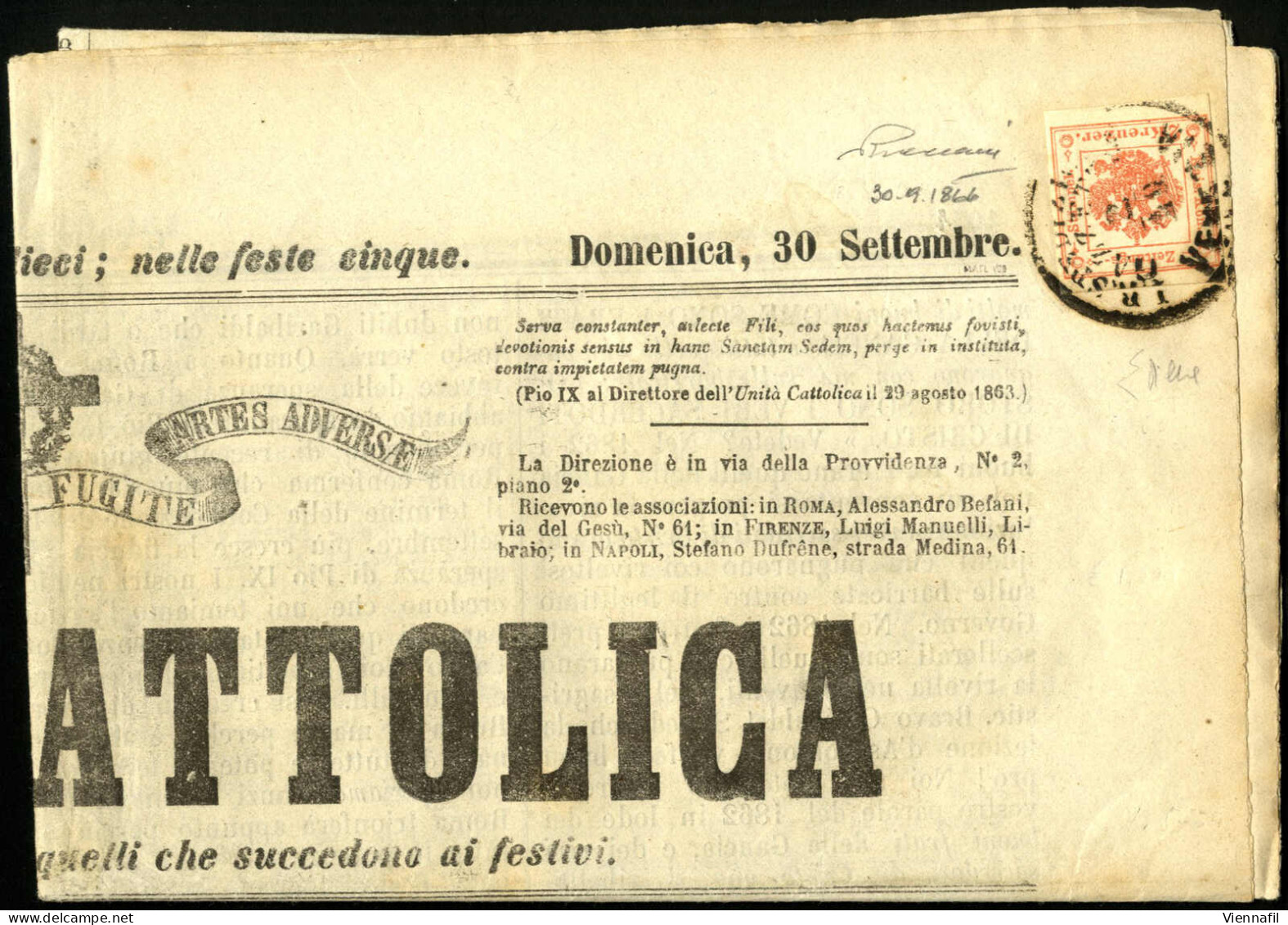 Cover 1866, Giornale Unità Cattolica Del 30 Settembre 1866 Affrancato Con 2 Kreuzer Vermiglio Annullato "I.R. SPEDIZIONE - Lombardo-Vénétie