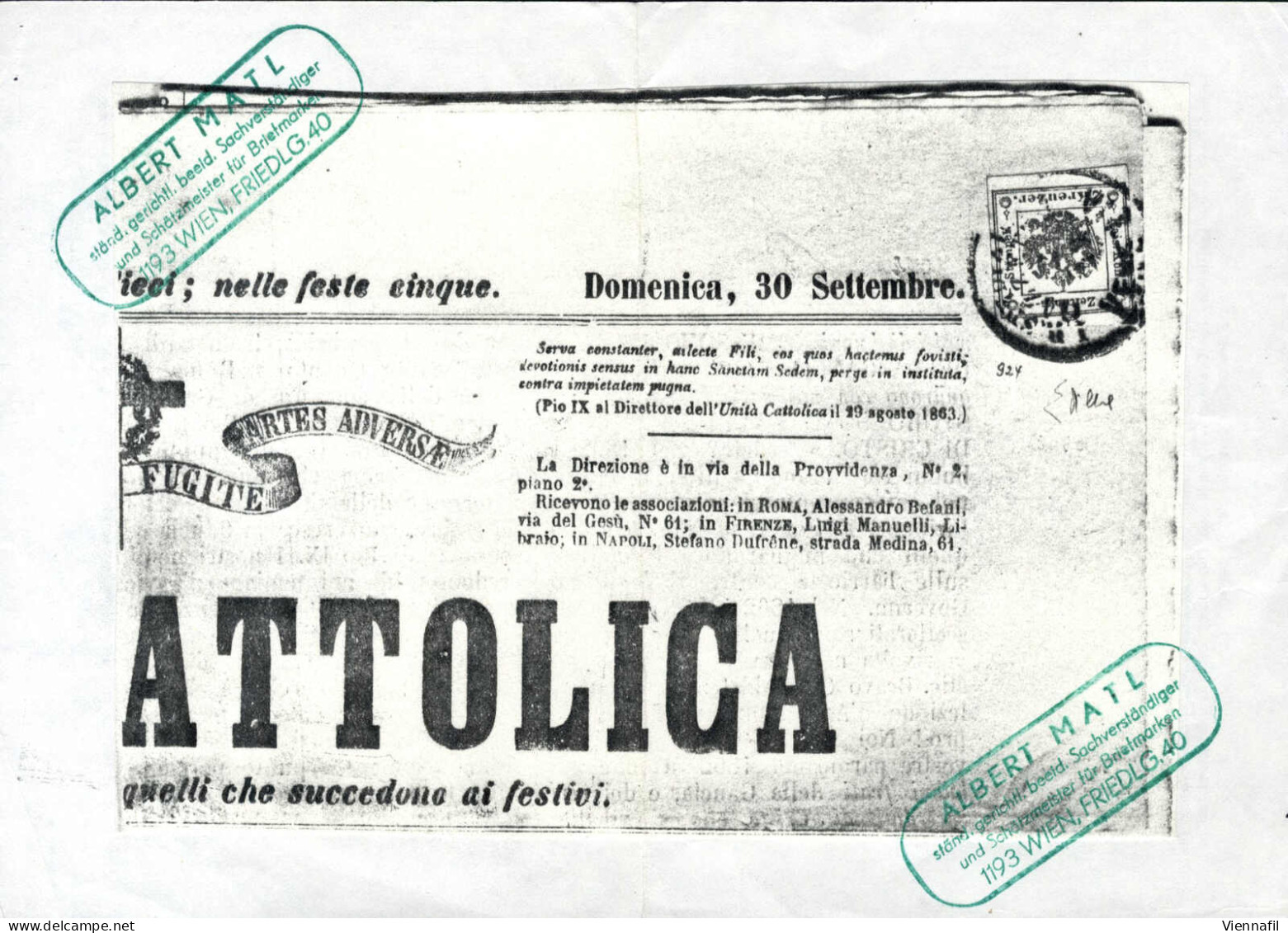 Cover 1866, Giornale Unità Cattolica Del 30 Settembre 1866 Affrancato Con 2 Kreuzer Vermiglio Annullato "I.R. SPEDIZIONE - Lombardo-Venetien