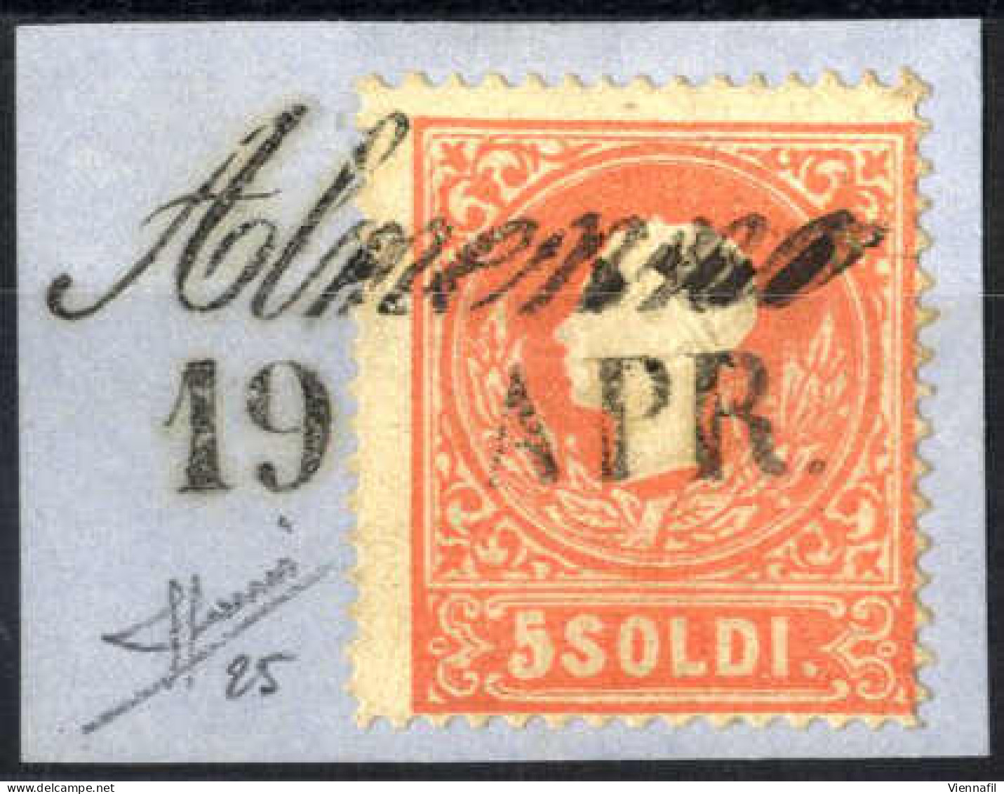 Piece/cover ALMENNO 22 DIC (1859), (annullo Cor), Su Franchigia E Frammento Con 5 Soldi I°tipo, Certificato Sorani, Sass - Lombardy-Venetia