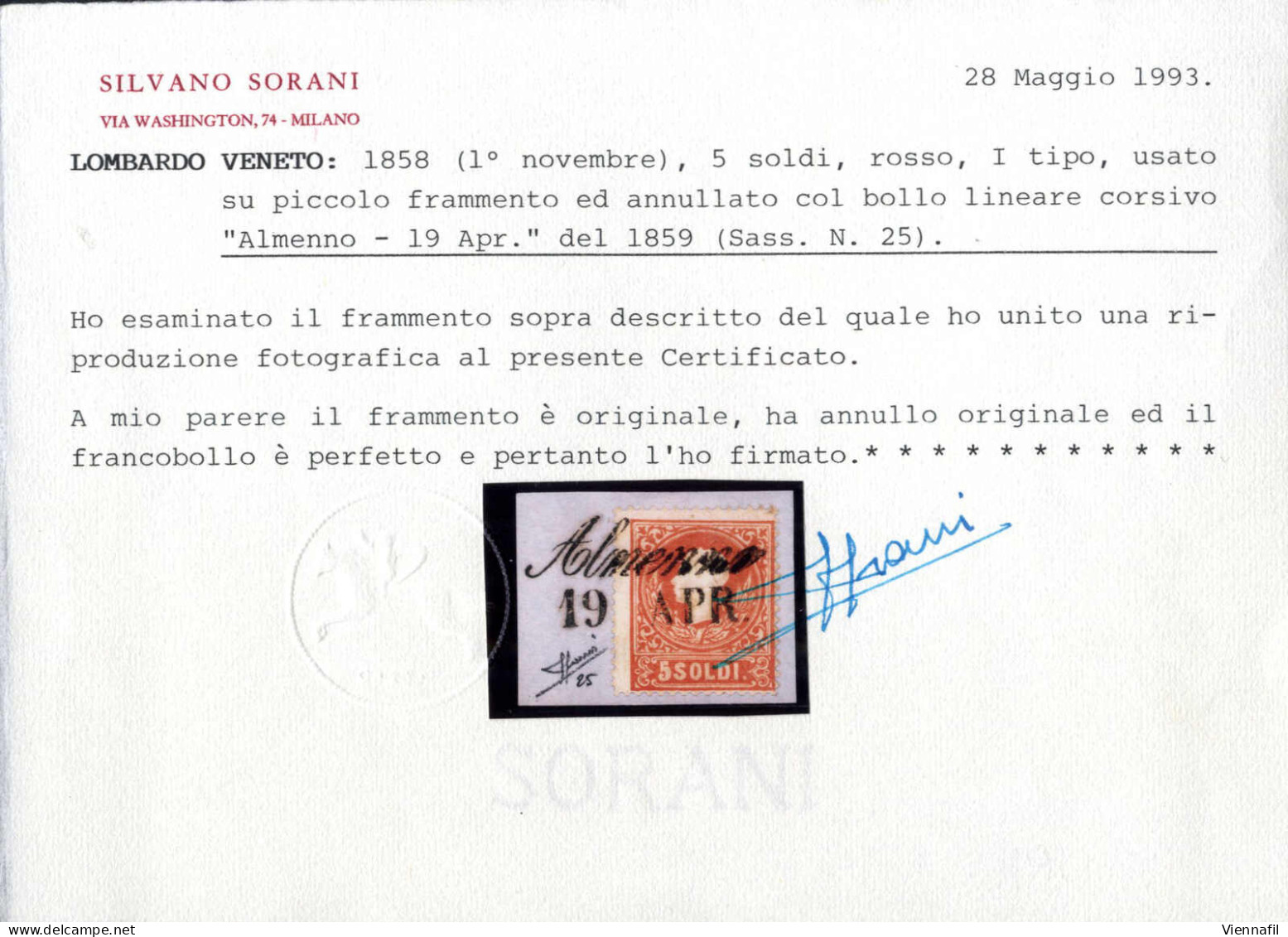 Piece/cover ALMENNO 22 DIC (1859), (annullo Cor), Su Franchigia E Frammento Con 5 Soldi I°tipo, Certificato Sorani, Sass - Lombardo-Venetien