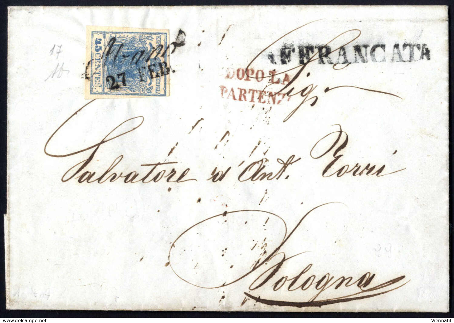 Piece ALZANO 6 DIC (annullo Cor) 1854, Lettera Affrancata Con 45 Cent Carta A Coste Verticali E Spedita A Bologna / Stat - Lombardo-Vénétie