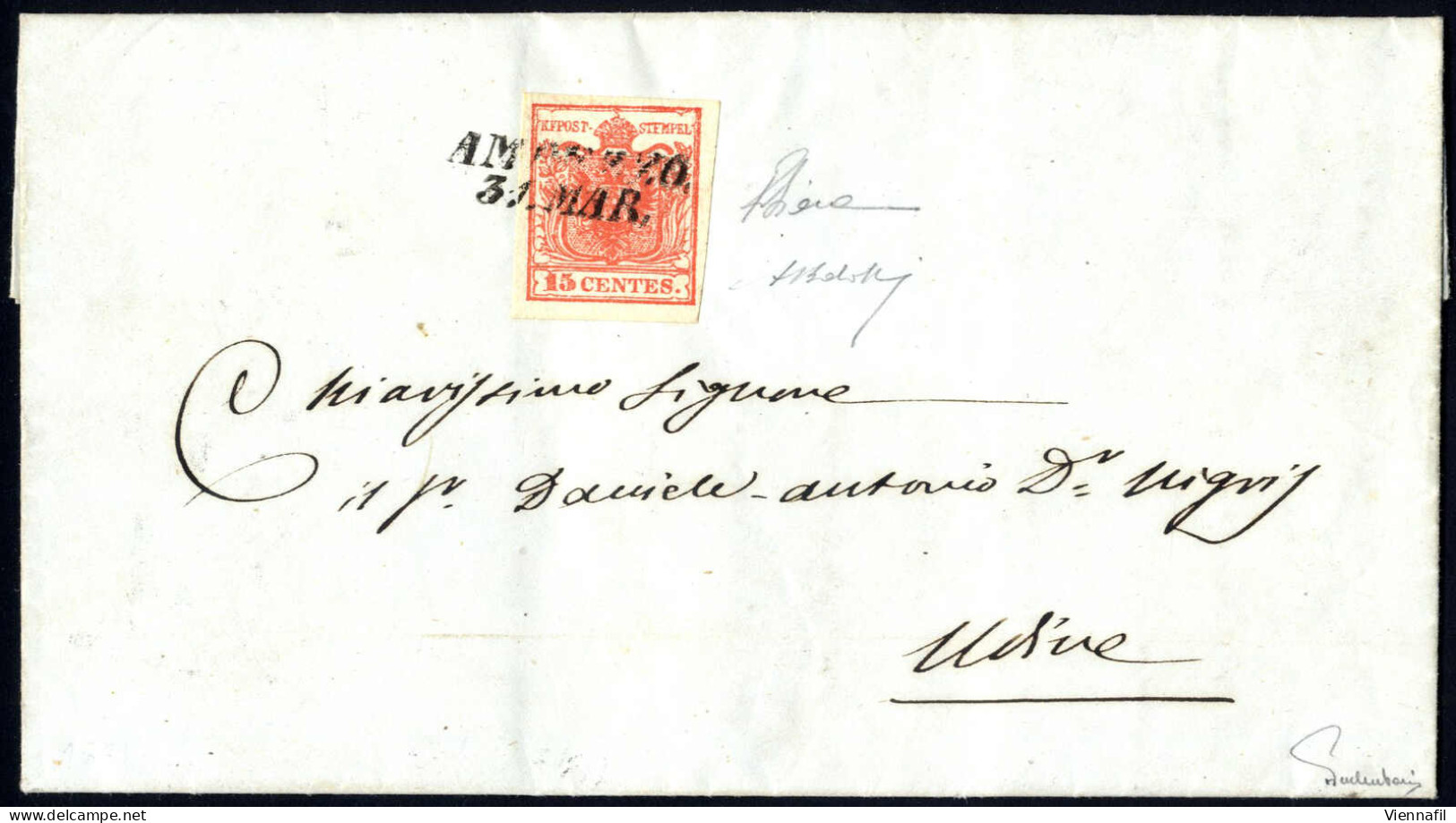 Cover AMPEZZO 31 MAR (annullo SI) 1851, Lettera Affrancata Con 15 Cent I° Tipo Spedita A Udine, Al Verso Annullo Di Tran - Lombardije-Venetië