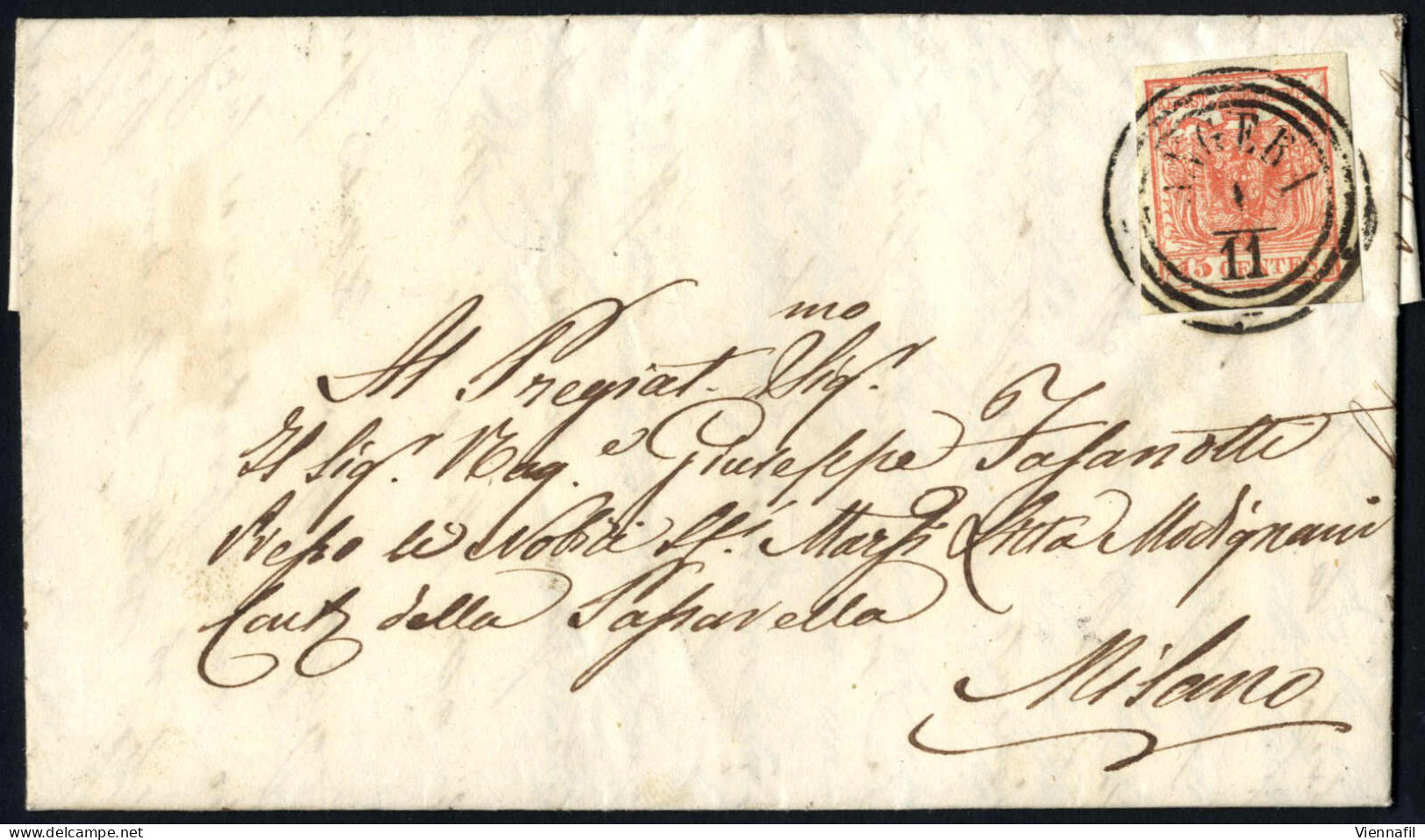 Cover ANGERA 1/11 (annullo C3), Lettera Con 15 Cent III° Tipo Spedita A Milano, Sass. 6 / P7 - Lombardo-Vénétie