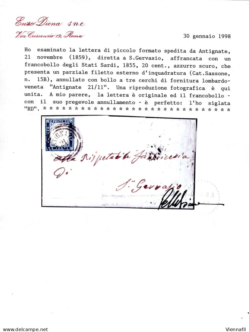 Cover ANTIGNATE 21/11 (annullo C3) Su 20 Cent Azzurro (Sardegna), Lettera Spedita A S. Gervaso, Sass. 15 / P.8 - Lombardy-Venetia