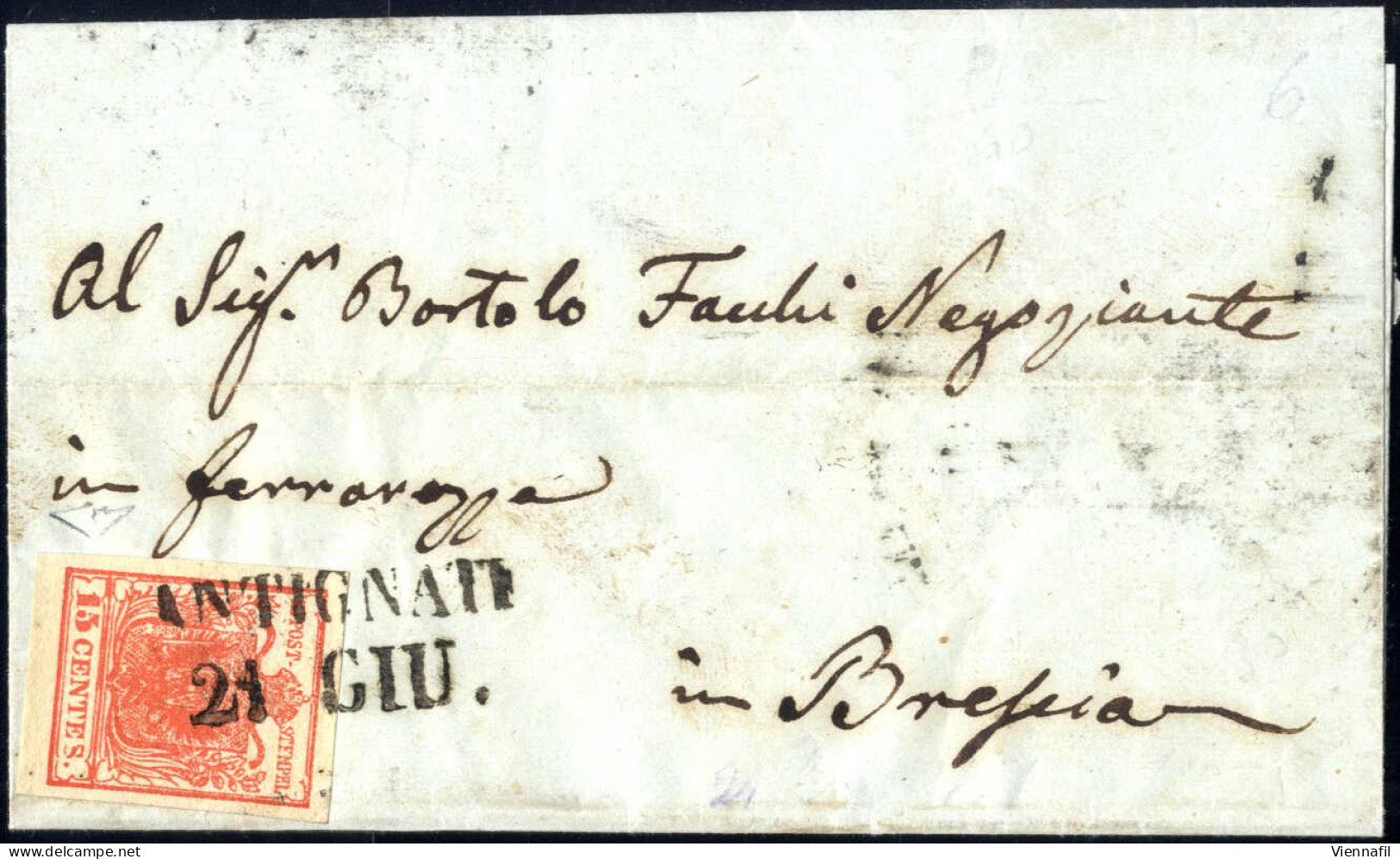 Cover Antignate, SD Punti 11, Lettera Del 21.6.1851 Per Brescia Affrancata Con 15 C. Rosso Carta A Mano, Cert. Enzo Dien - Lombardije-Venetië