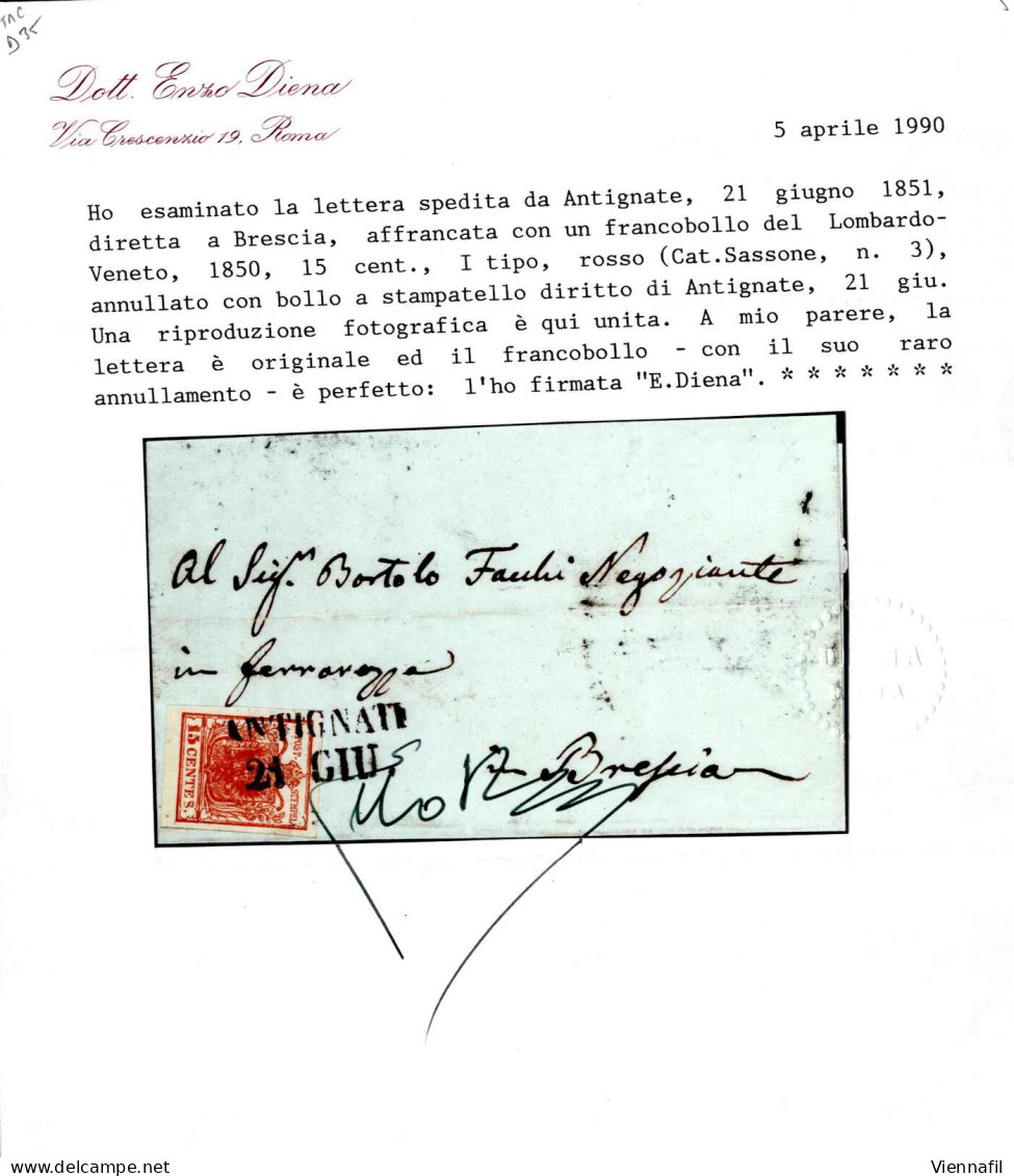 Cover Antignate, SD Punti 11, Lettera Del 21.6.1851 Per Brescia Affrancata Con 15 C. Rosso Carta A Mano, Cert. Enzo Dien - Lombardo-Venetien