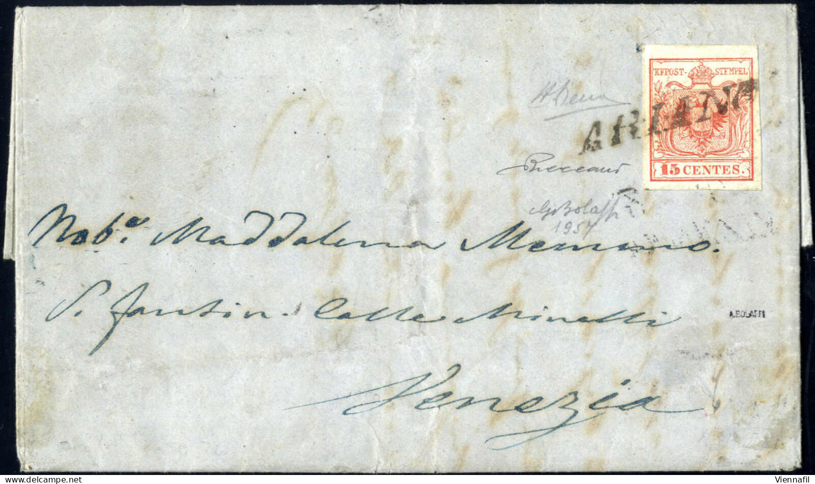 Cover Ariano, (SI S.d. Punti 13) Lettera Del 30.7.1850 Per Venezia Affrancata Con 15 C. Rosso I Tipo Prima Tiratura Cart - Lombardije-Venetië