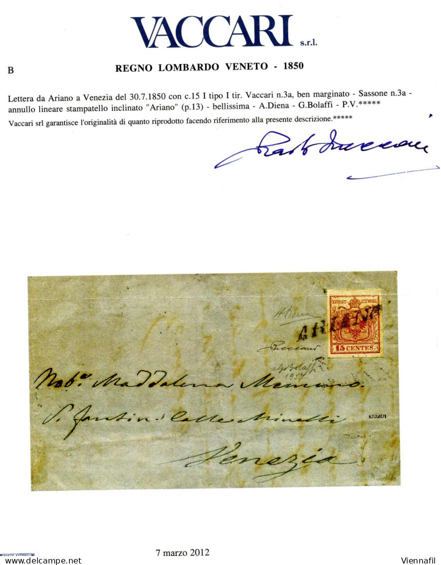 Cover Ariano, (SI S.d. Punti 13) Lettera Del 30.7.1850 Per Venezia Affrancata Con 15 C. Rosso I Tipo Prima Tiratura Cart - Lombardo-Vénétie