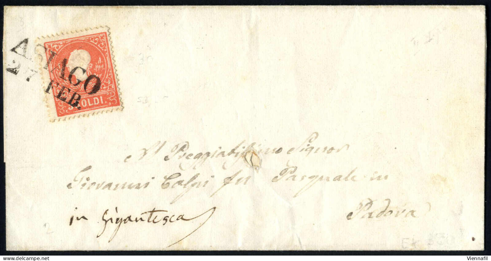 Cover ASIAGO 27 FEB (annullo SD) Su 5 Soldi II° Tipo, Lettera Spedita A Padova, Sass. 30 / P.5 - Lombardy-Venetia