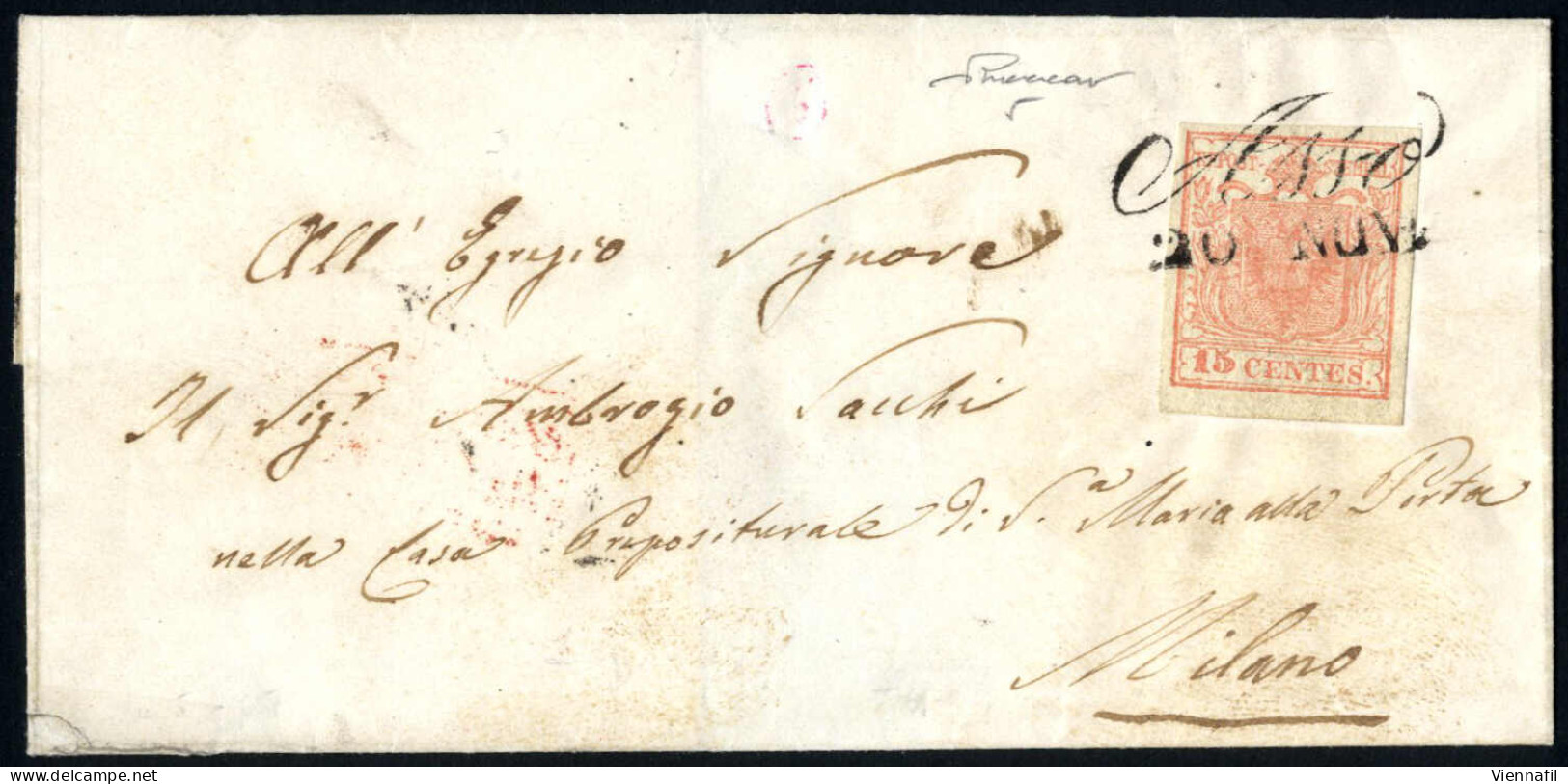 Cover ASSO 20 NOV (annullo Cor) Su 15 Cent Rosa II° Tipo, Lettera Spedita A Milano, Firmato Vaccari, Sass. 5 / P.7 - Lombardy-Venetia