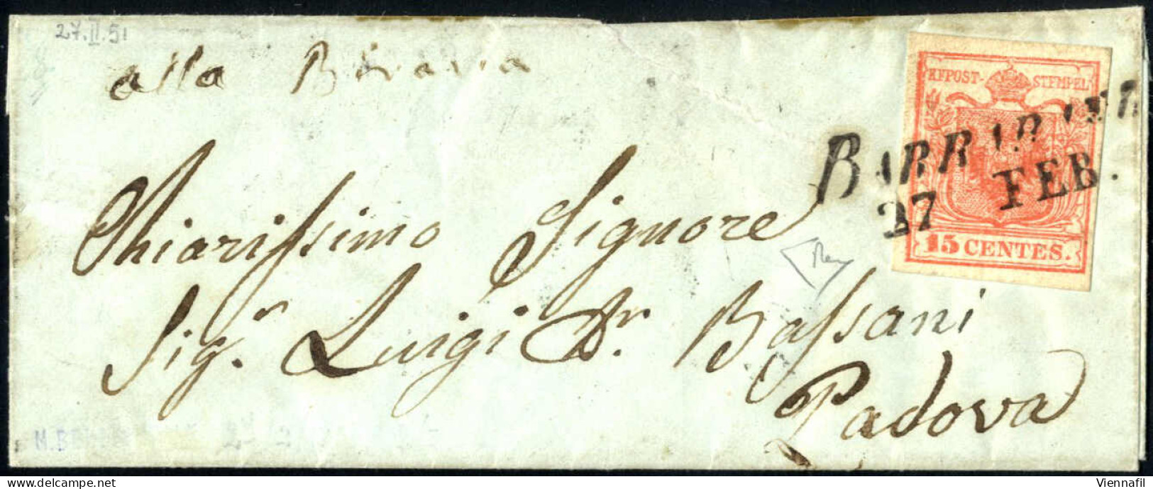 Cover BARBARANO 27/2 (annullo SI Lg) Su 15 Cent Rosso Vermiglio Chiaro I° Tipo Su Lettera Di Piccolo Formato Spedita A P - Lombardy-Venetia