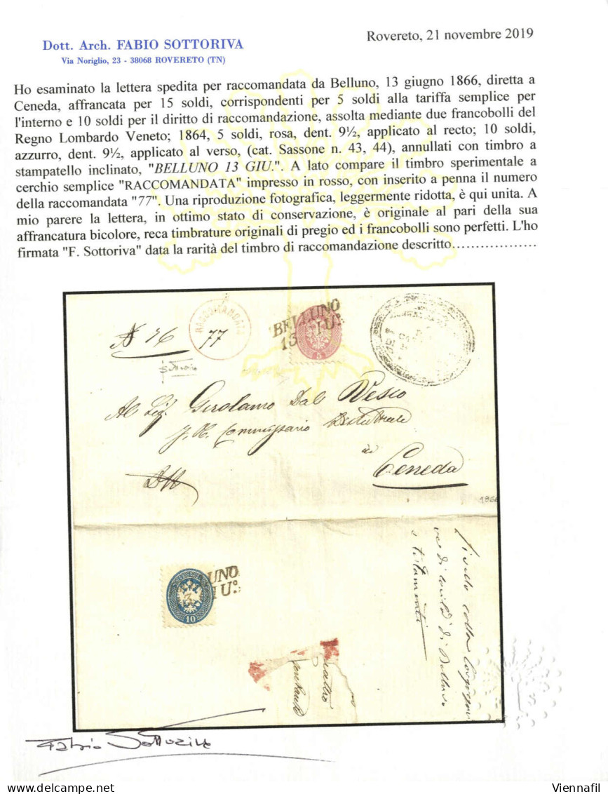 Cover BELLUNO 13 GIU. (annullo SI), Raccomandata Con 5 Soldi Sul Fronte E 10 Soldi Al Verso Per La Raccomandazione A Cen - Lombardo-Venetien