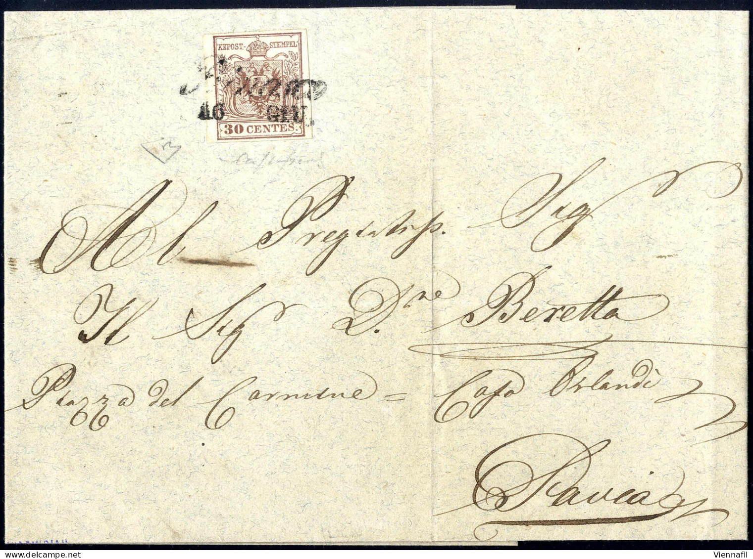 Cover BINASCO 16 GIU (annullo Cor) Su 30 Cent. Carta A Macchina, Lettera A Pavia, Certificato E.Diena, Sass. 21 / P.11 - Lombardo-Vénétie