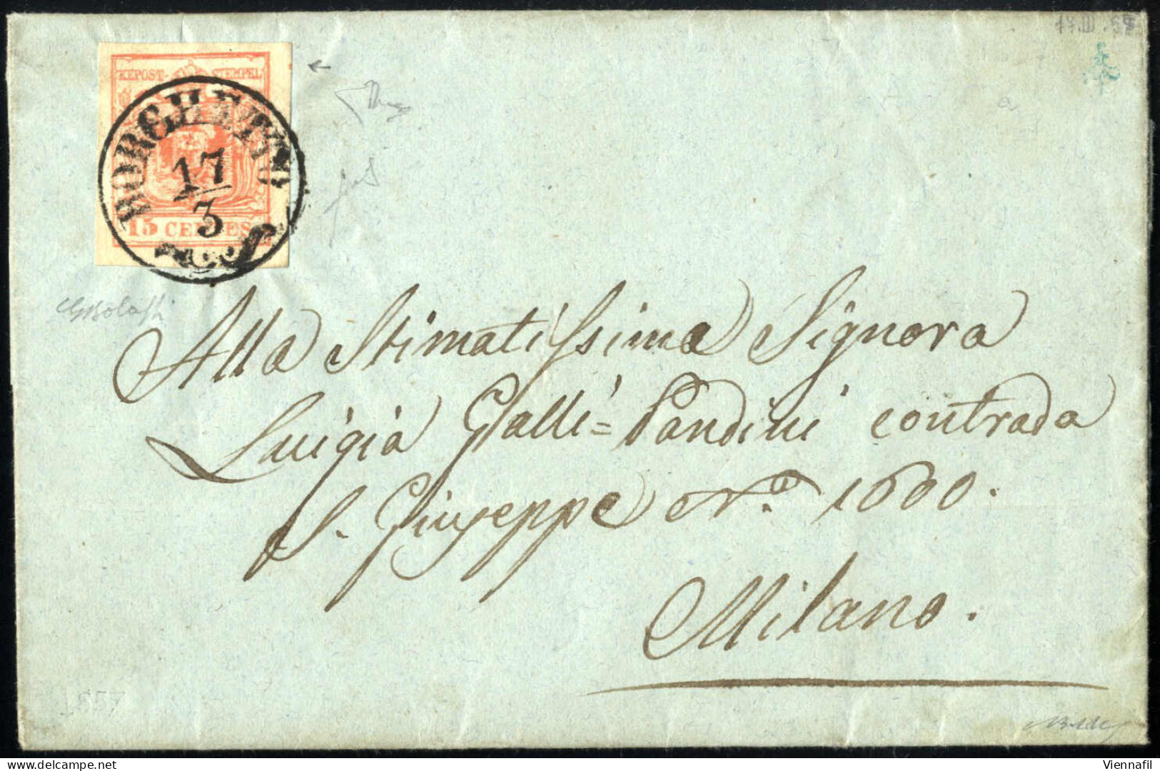 Cover Borghetto, (CO Punti R1) Lettera Del 17.3.1857 Per Milano Affrancata Con 15 C. Rosa Chiaro III Tipo Carta A Macchi - Lombardo-Venetien