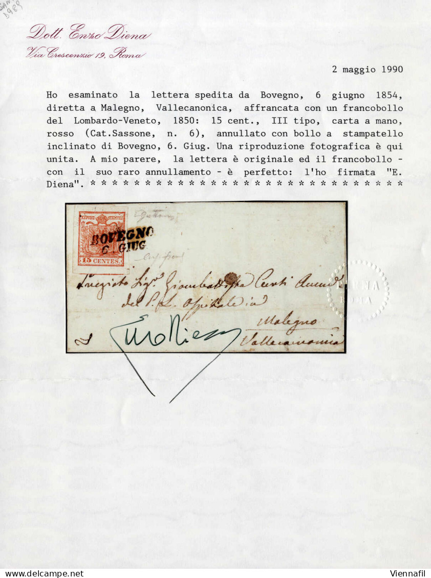 Cover Bovegno, SI Punti 12, Lettera Del 6.6.1854 Per Malegno Affrancata Con 15 Cent. Rosso, Carta A Mano III Tipo, Cert. - Lombardy-Venetia