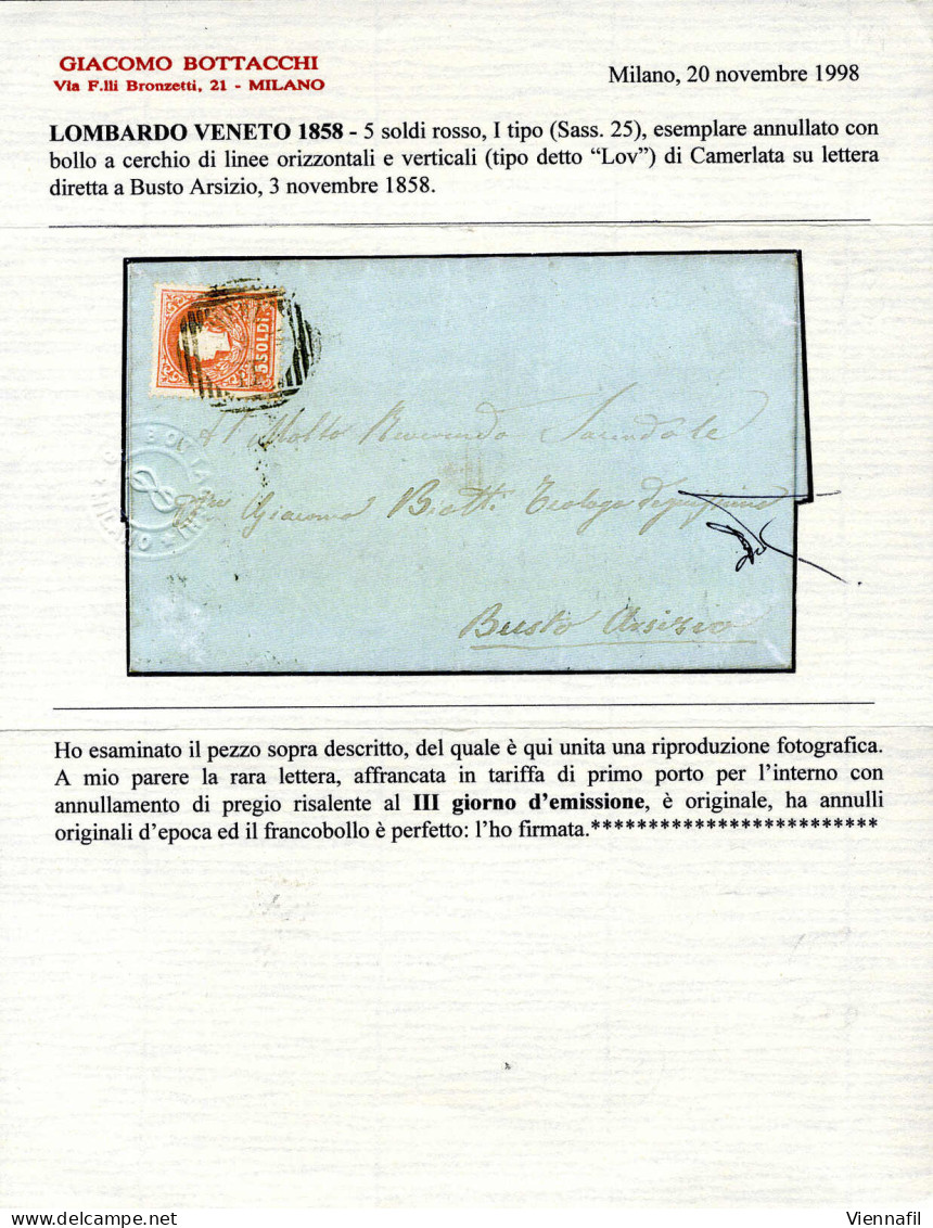 Cover CAMERLATA 3/11 (annullo LOV) Su 5 Soldi I° Tipo, Lettera Spedita A Busto Arsizio, Primo Mese D'uso, Certificato Bo - Lombardo-Venetien