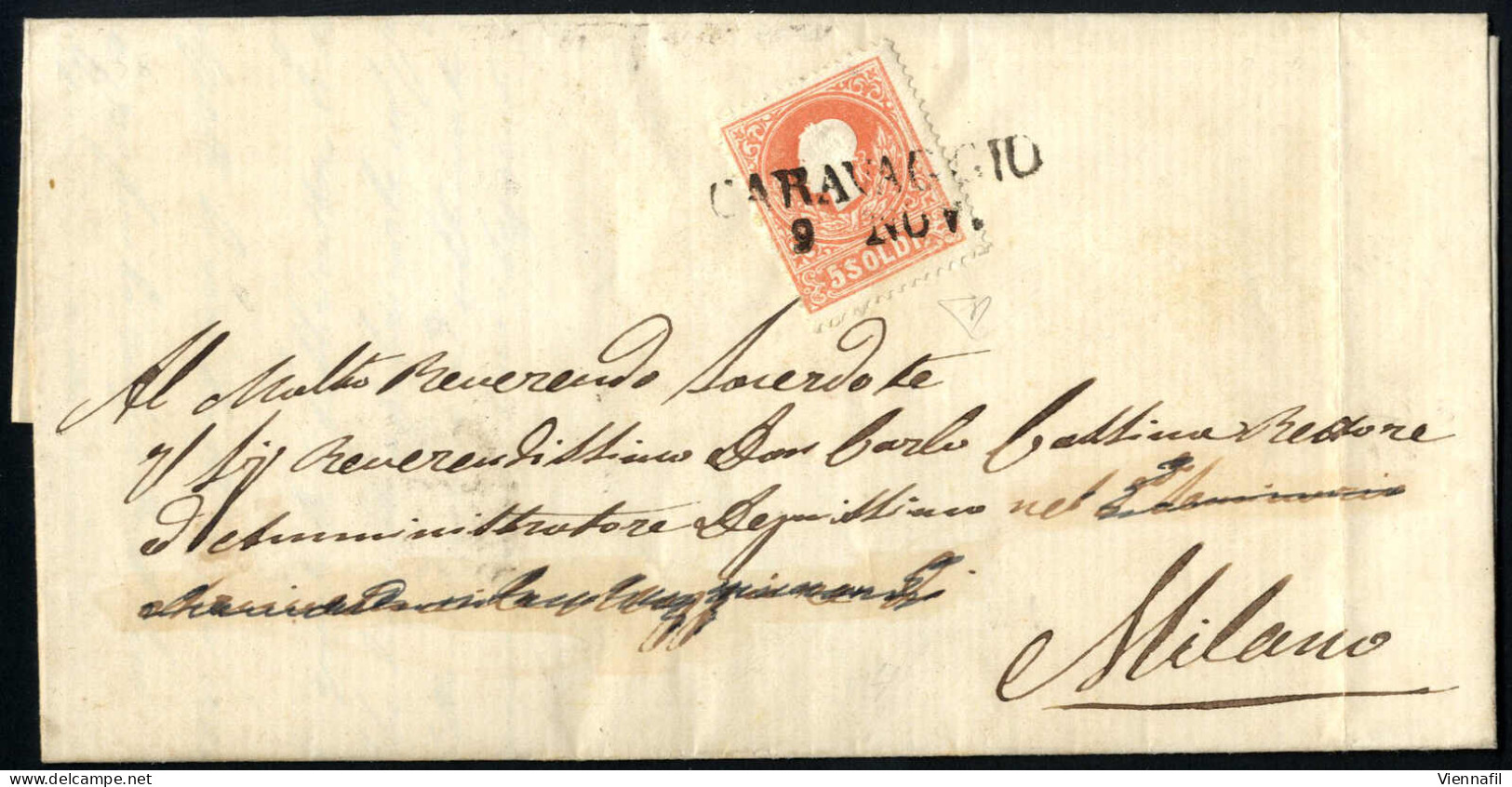 Cover CARAVAGGIO 9 NOV (annullo SD) Su 5 Soldi I° Tipo, Lettera Spedita A Milano, Primo Mese D'uso, Certificato E.Diena, - Lombardo-Veneto