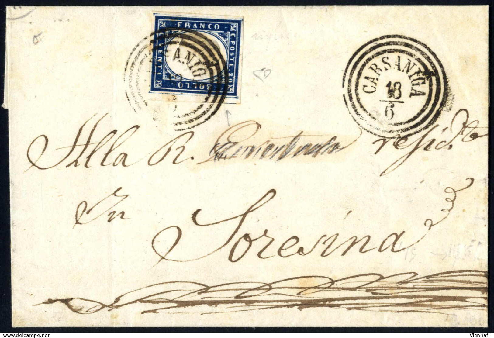 Cover Carsaniga, (C3 Punti 7) Del 18.6.1860 Per Soresina Affrancata Con 20 Cent. Azzurro Scuro Della IV Di Sardegna, Fir - Sardinië