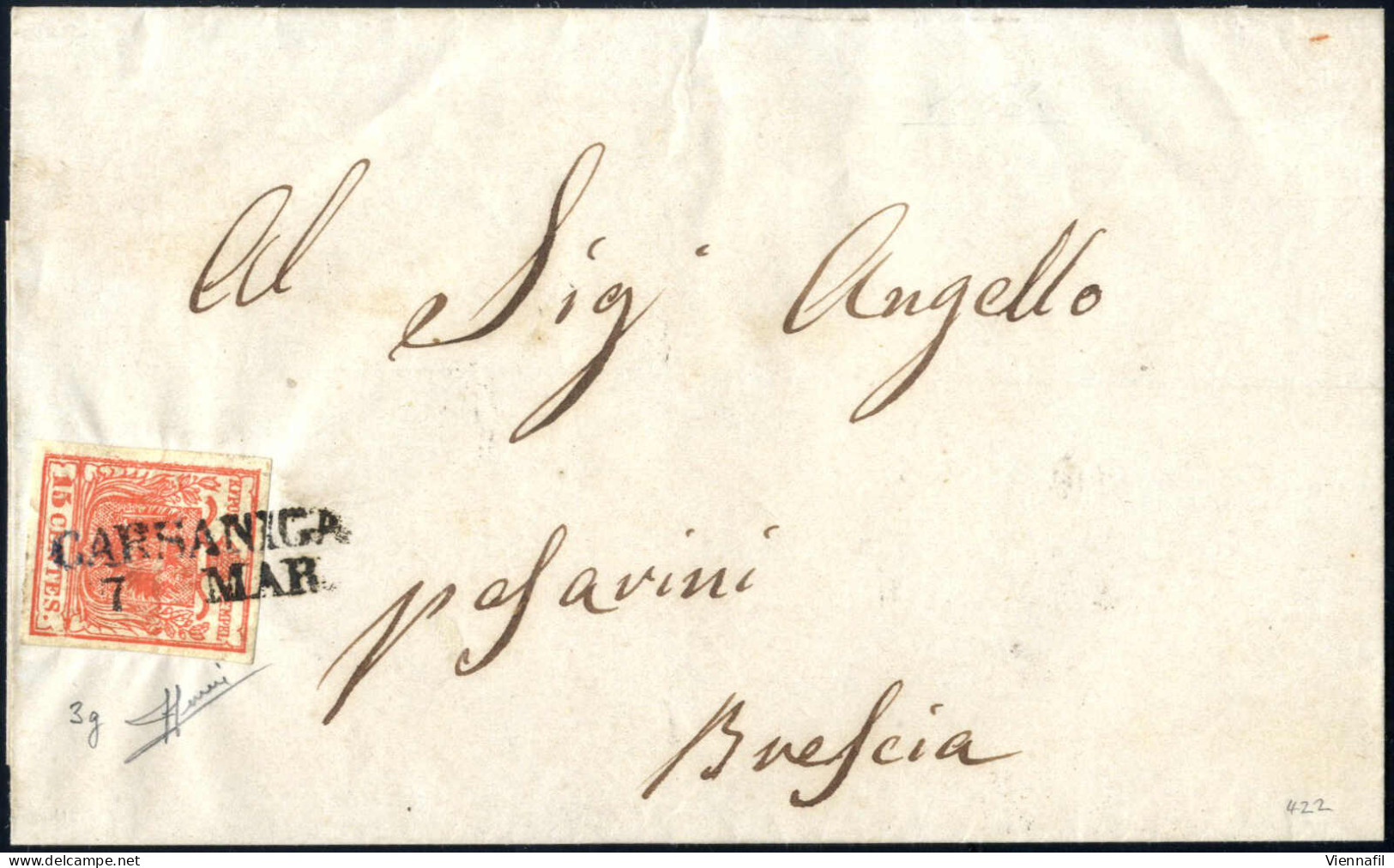 Cover Carsaniga, (SD Punti 11) Lettera Del 7.3.1851 Per Brescia Affrancata Con 15 C. Rosso Vermiglio Intenso I Tipo Cart - Lombardo-Veneto