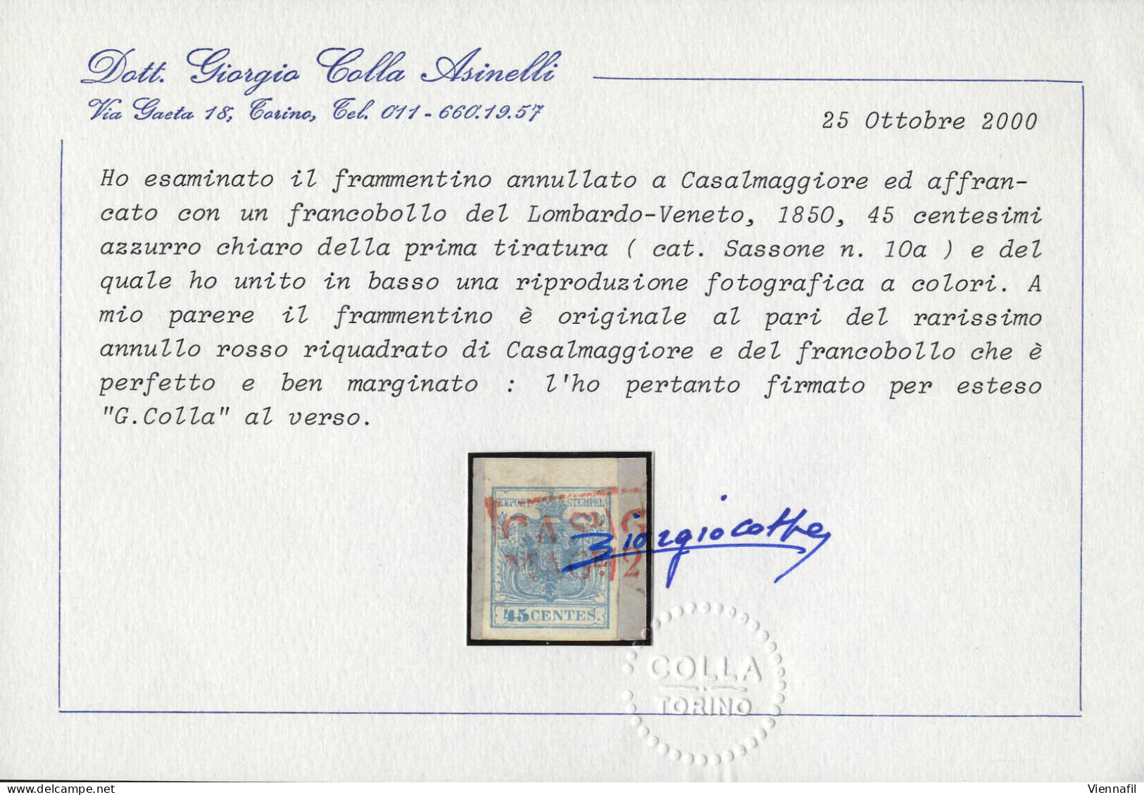 Piece Casalmaggiore, Rd Rosso R3 P, Frammento Con 45 C Azzurro Chiaro 1°tipo I Tiratura Carta A Mano, Cert. Colla, Sass. - Lombardo-Veneto