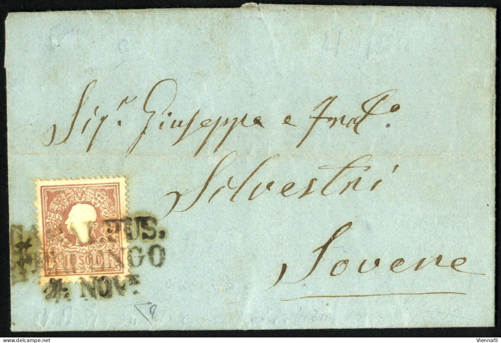 Cover CASALPUS / TERLENGO 4 NOV (annullo SD) Su 10 Soldi I° Tipo, Lettera Spedita A Sovene , Sass. 26 / P.9 - Lombardy-Venetia