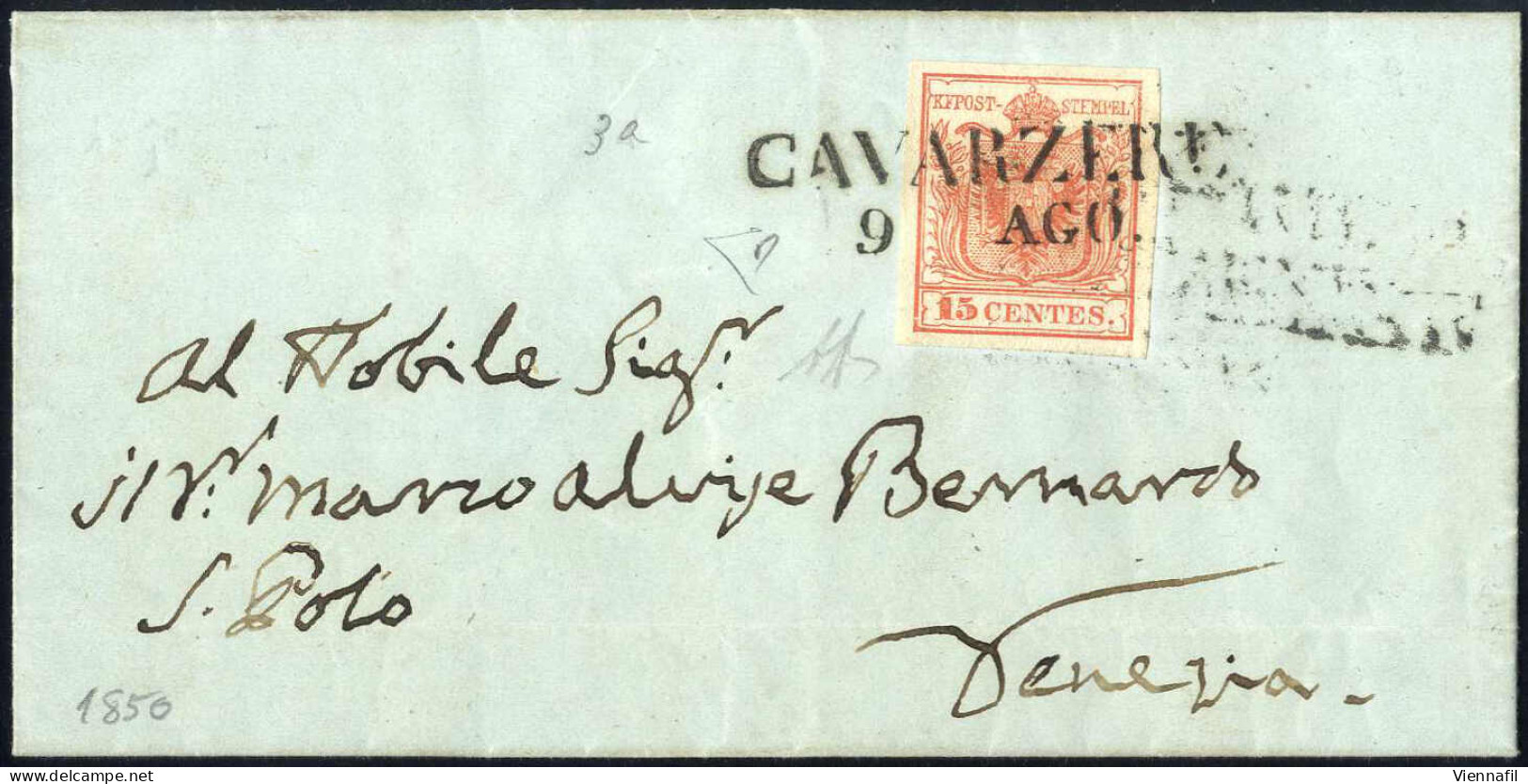 Cover Cavarzere, (SD Punti 7) Del 9.8.1850 Per Venezia Affrancata Con 15 C. Rosso I Tipo Prima Tiratura Carta A Mano, Fi - Lombardy-Venetia