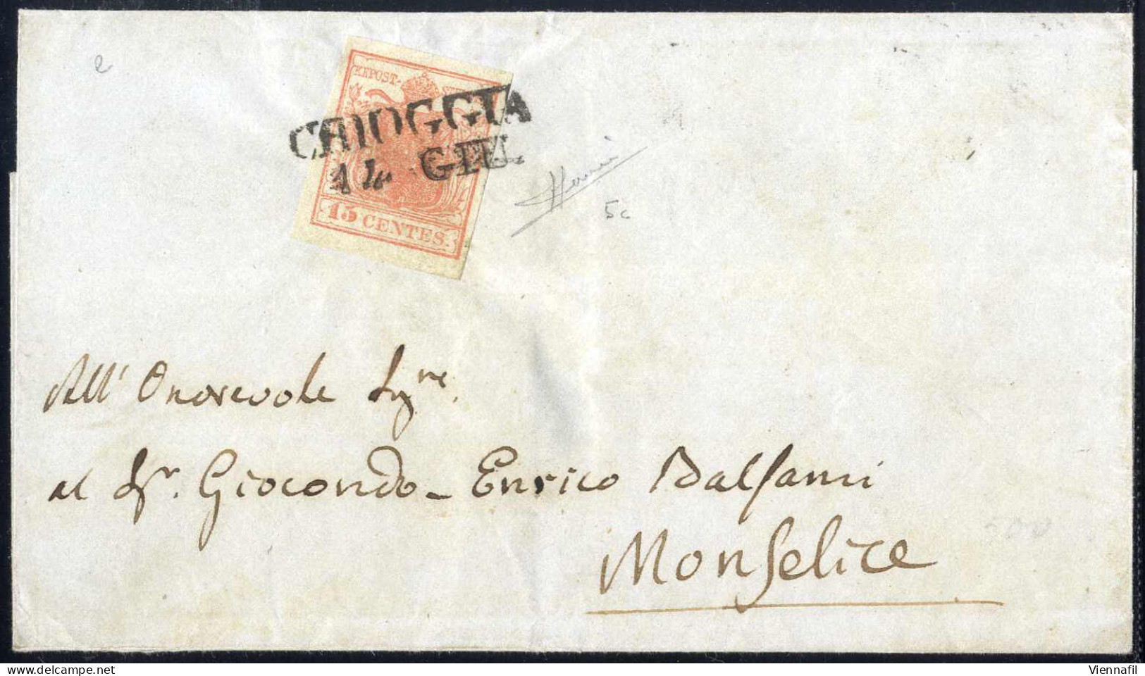 Cover Chioggia, (SD Punti 7) Del 14.6.1851 Per Monselice Affrancata Con 15 C. Rosa Carnicino II Tipo Carta A Mano, Firma - Lombardo-Veneto