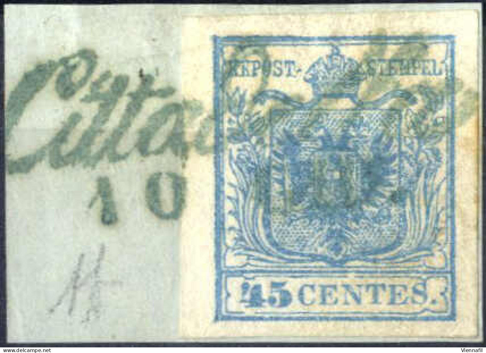 Piece Cittadella, Cor. Azzurro Punti R1, Frammento Del 10.6.1850 Decimo Giorno D'uso Affrancato Con 45 C. Azzurro I Tipo - Lombardy-Venetia