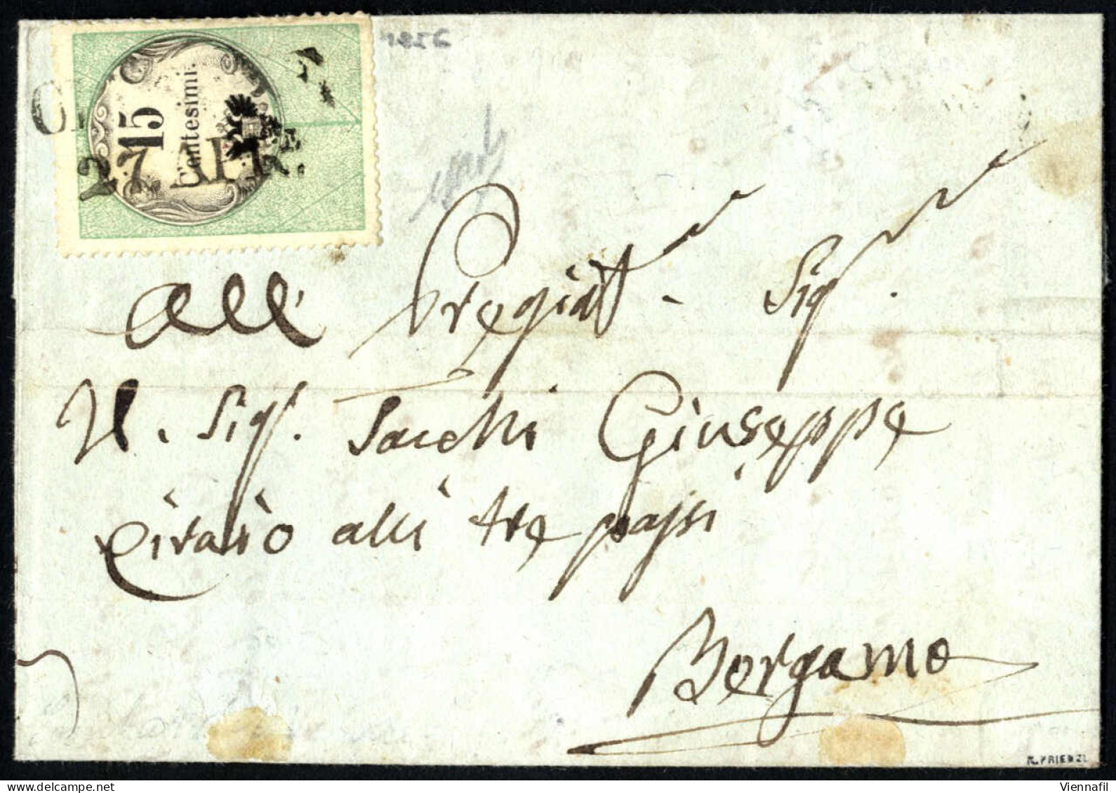 Cover CIVIDALE. Lettera Del 23.4.1856 Da Cividale A Bergamo, Affrancata Con Una Marca Da Bollo 15 Cent. Verde E Nero In  - Lombardy-Venetia