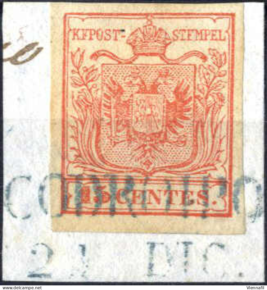 Piece Codroipo, SD Azzurro Punti R3, Frammento Del 21.12.1850 Affrancato Con 15 C. Rosso I Tipo Prima Tiratura Carta A M - Lombardo-Veneto