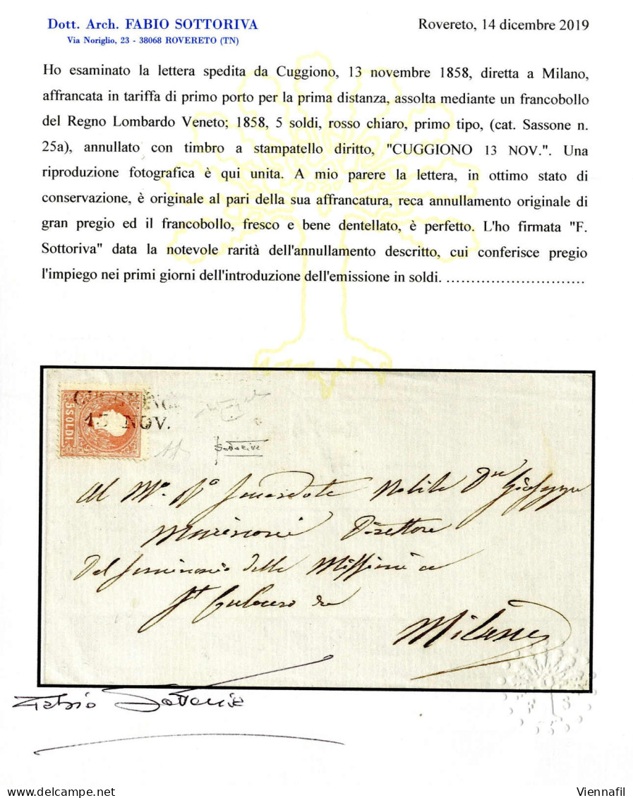 Cover Cuggiono, (SD Punti 13) Del 13.11.1858 Per Milano Affrancata Con 5 S. Rosso Chiaro I Tipo, Firmato AD E Raybaudi,  - Lombardije-Venetië