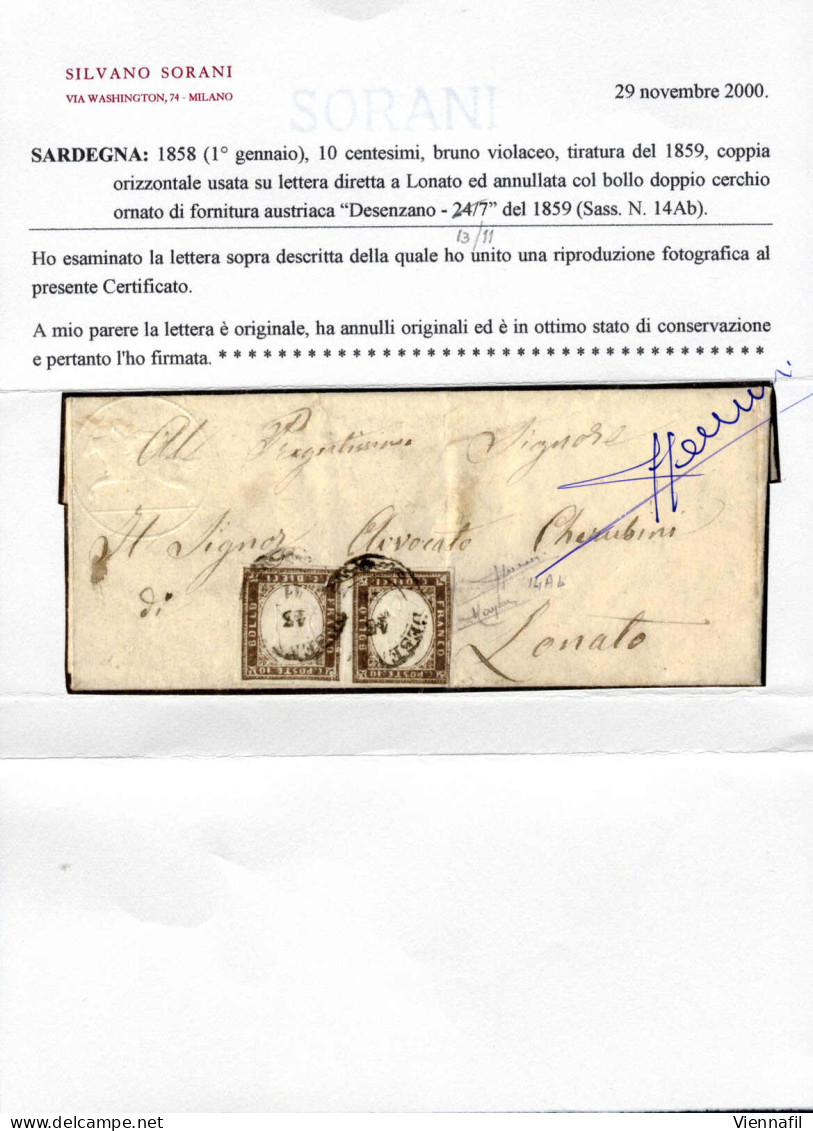 Cover DESENZANO 13/11 (annullo 2CO) Su Coppia 10 Cent Bruno Violaceo (Sardegna), Lettera Speduta A Lonato, Certificato S - Sardegna